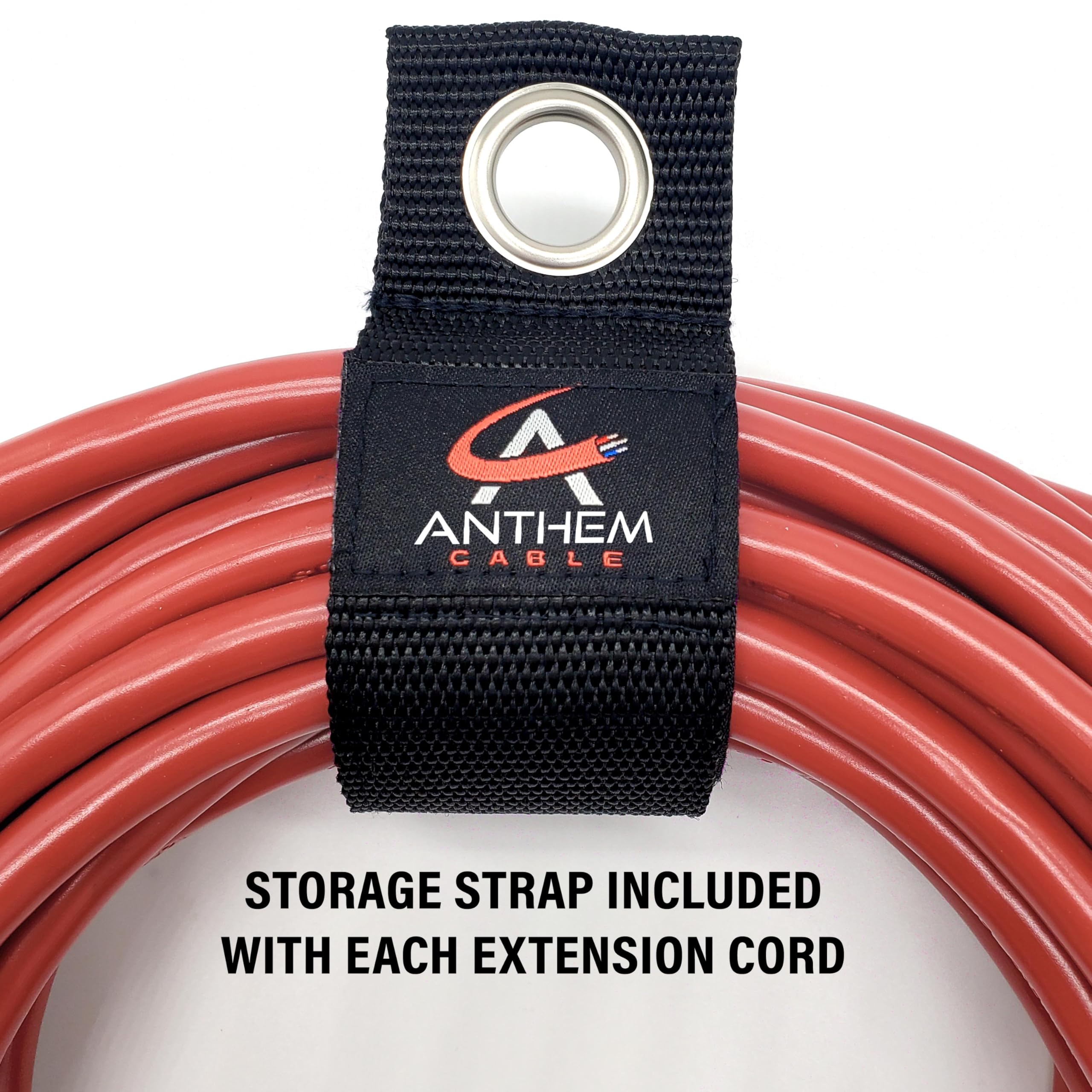 100 ft - 14 Gauge Extension Cord Outdoor - Made in USA - Lighted on Both Ends - Red Outdoor Extension Cord Waterproof by Anthem Cable - Heavy Duty Extension Cord