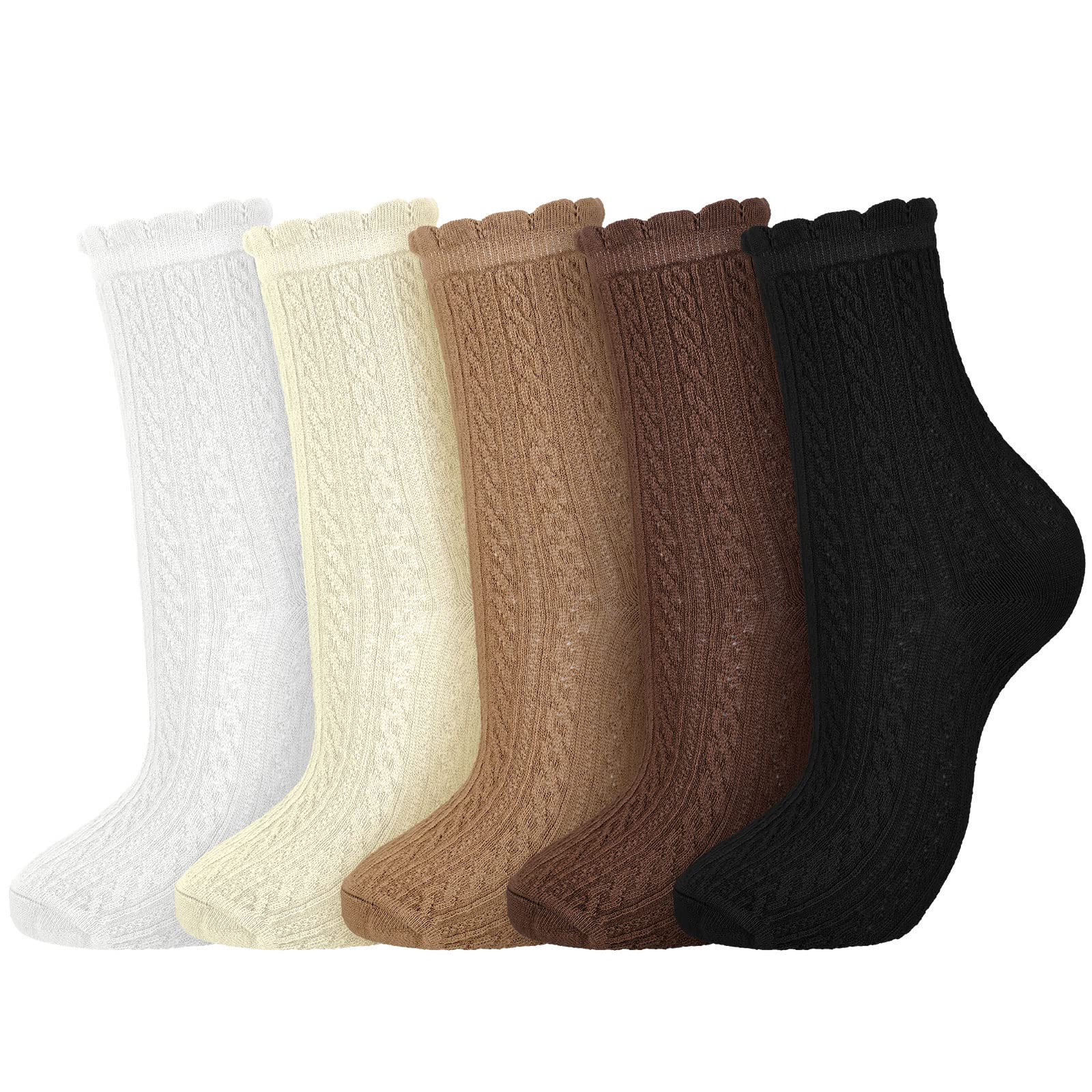 Geyoga 5 Pairs Ankle Ruffle Socks for Women Cute Cotton Soft Breathable Cool Crew Frilly Plush Socks: Black, White, Cream White, Beige, Brown