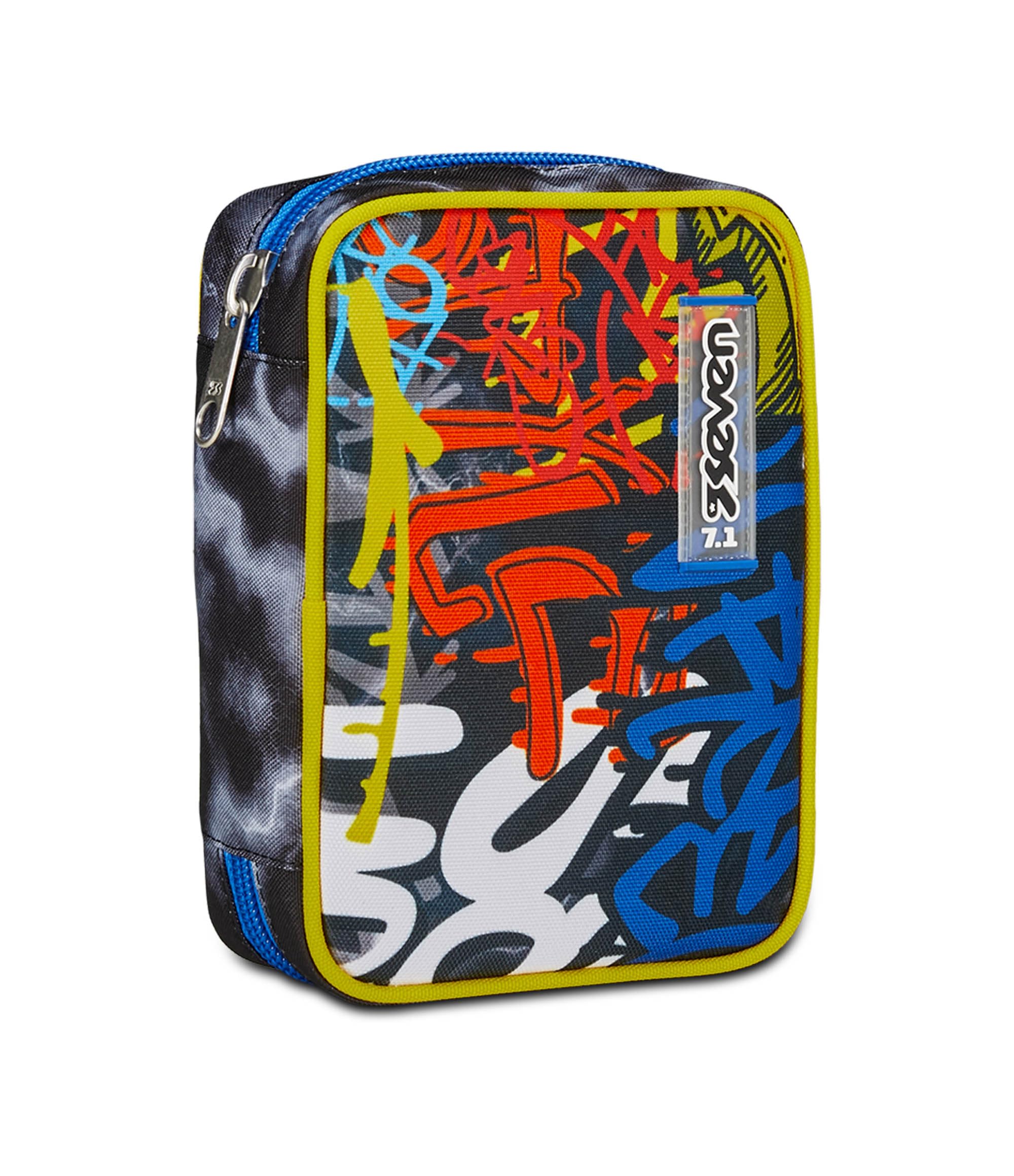 Seven Mark On Boy Speed Pad School Pencil Case, Black Yellow Blue, Single Compartment Pen Holder with Removable Planks and Pens, Pencils, Colours, Backpack Accessories, Elementary, Medium, Child,
