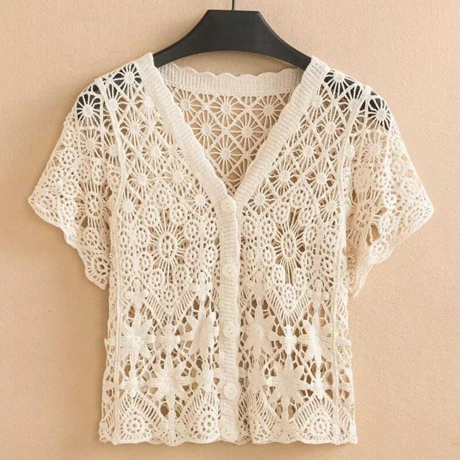 Générique Hauts Tendance Grande Taille, Cardigan d'été élégant en Dentelle à Manches Courtes, Haut léger Ouvert sur Le Devant, pour Un Usage Quotidien