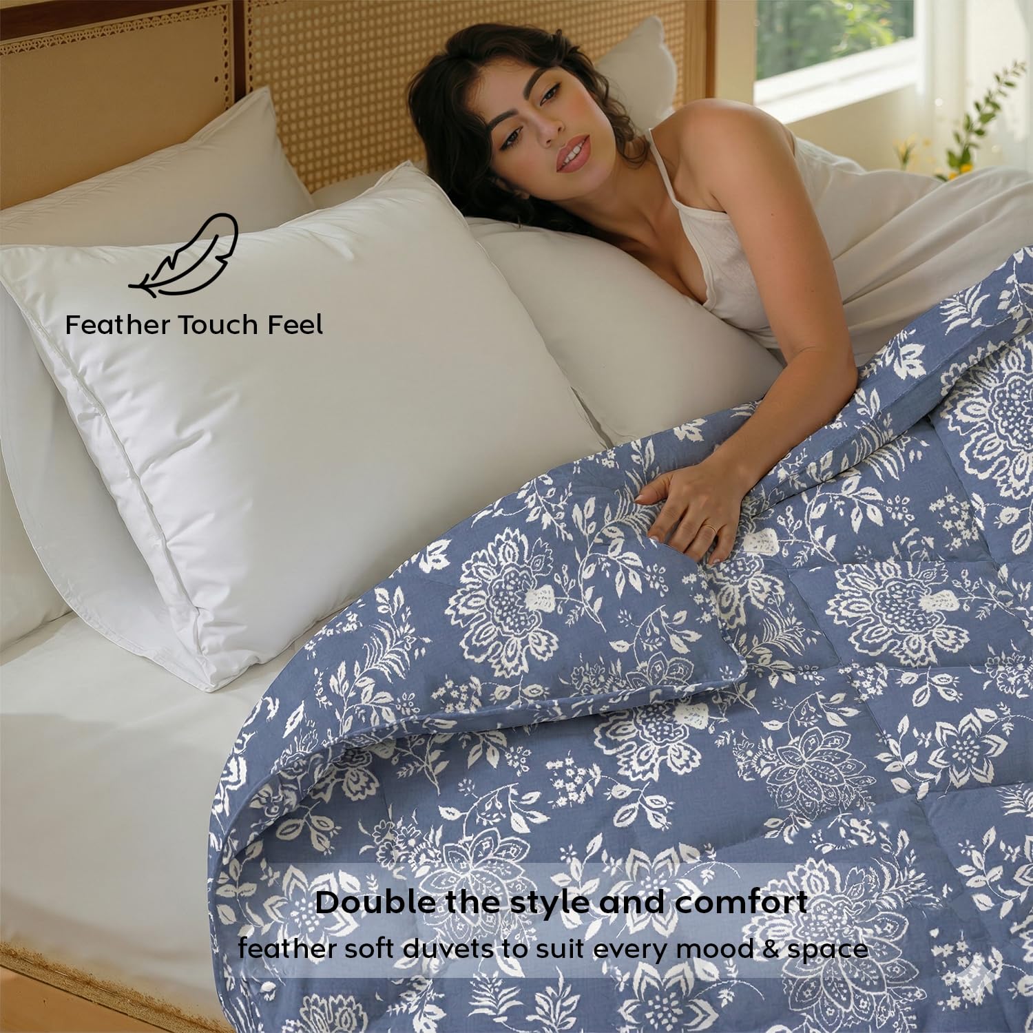 AYKA Reversible AC Comforter 150 GSM Microfiber Summer Blanket Double Bed (90x100 Inches) | Printed Floral Design Cooling Quilt for AC Room | Soft Breathable Duvet Blue & White 1