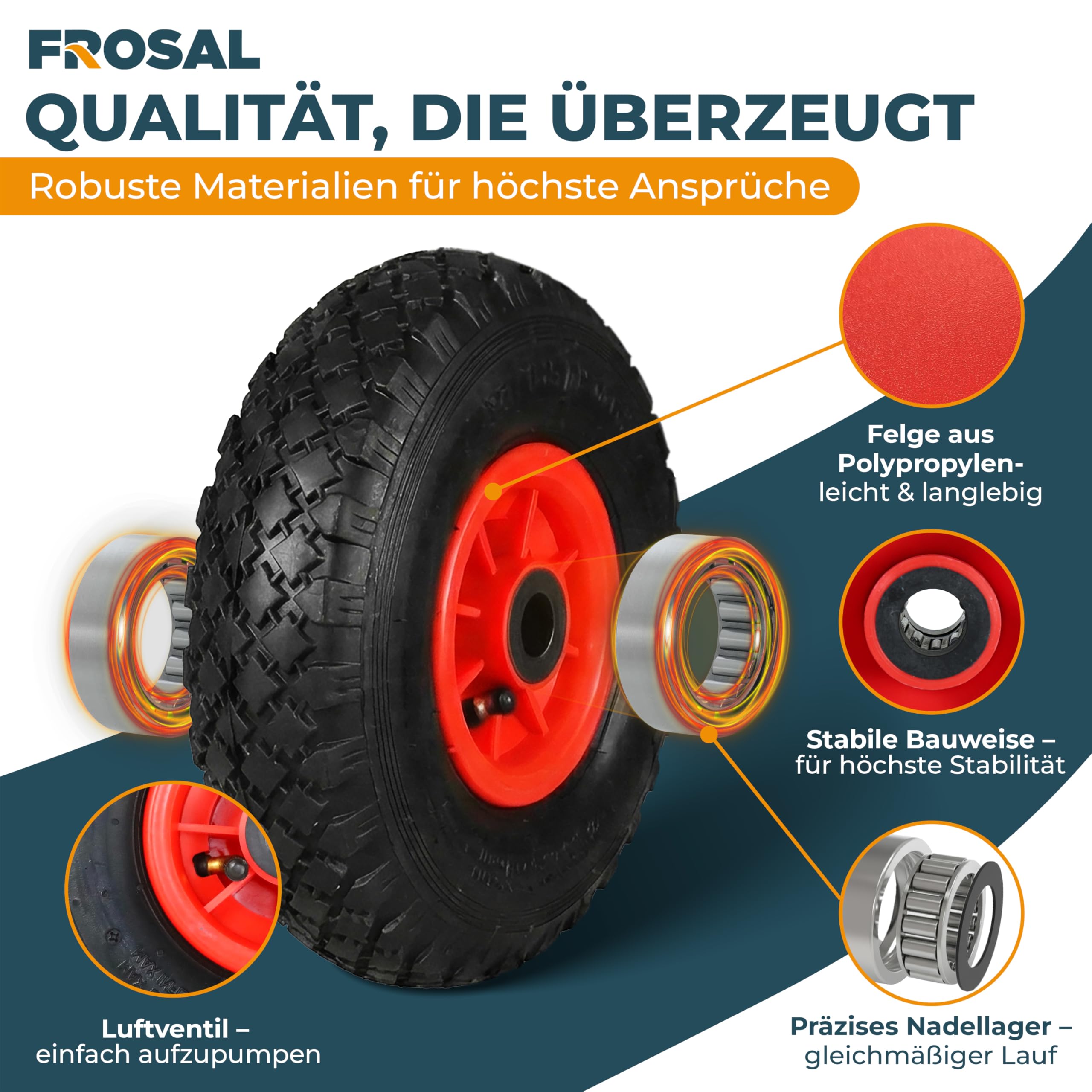 FROSAL Ersatzräder 260 mm (3.00-4) – 2er-Set – luftbereifte Räder mit Rollenlager – Ø 260 × 85 mm auf roter Kunststofffelge – für Ø 20 mm Achsen & 75 mm Nabenlänge – für Bollerwagen & Sackkarre