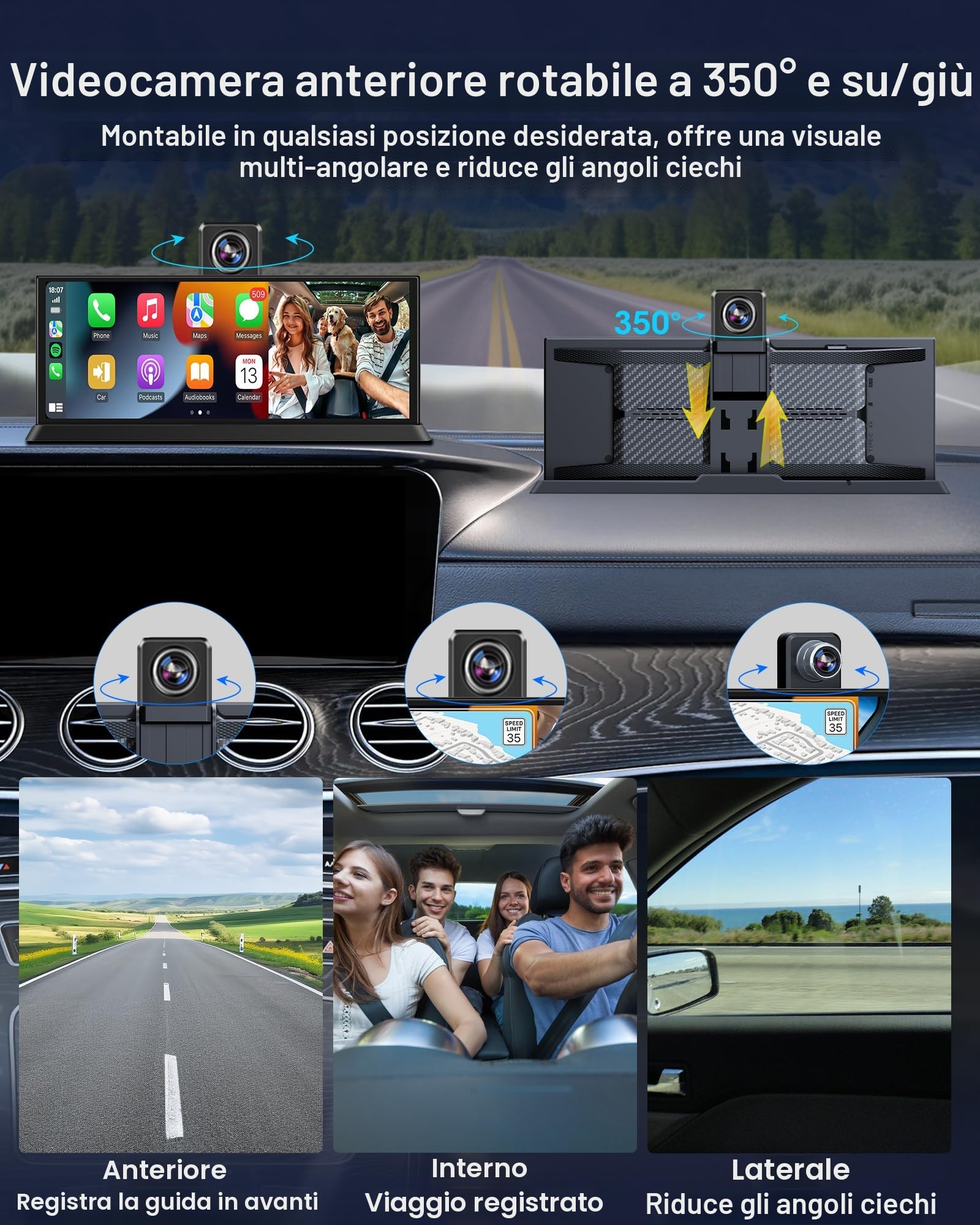 11,26" Toccare Schermo 4K Android Carplay Auto con 350°Fotocamera Anteriore | Schermo Carplay Android Auto, Car Play per Navigazione GPS G-senor Registrazione Loop