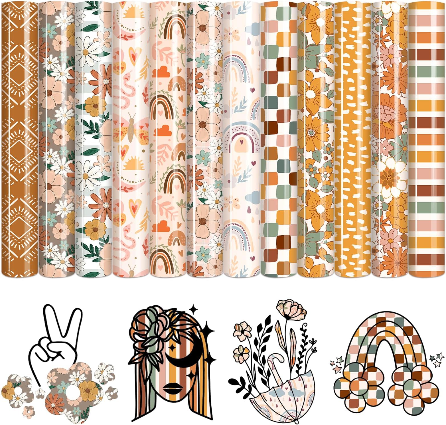 HTVSTD Boho HTV Heat Transfer Vinyl - 12 Sheets 12 x 10 Inches Flower Patterned HTV Vinyl Rainbow Heat Transfer Vinyl for T-Shirts DIY Iron on Vinyl Compatible with Sillhoutte Cameo and Cricut