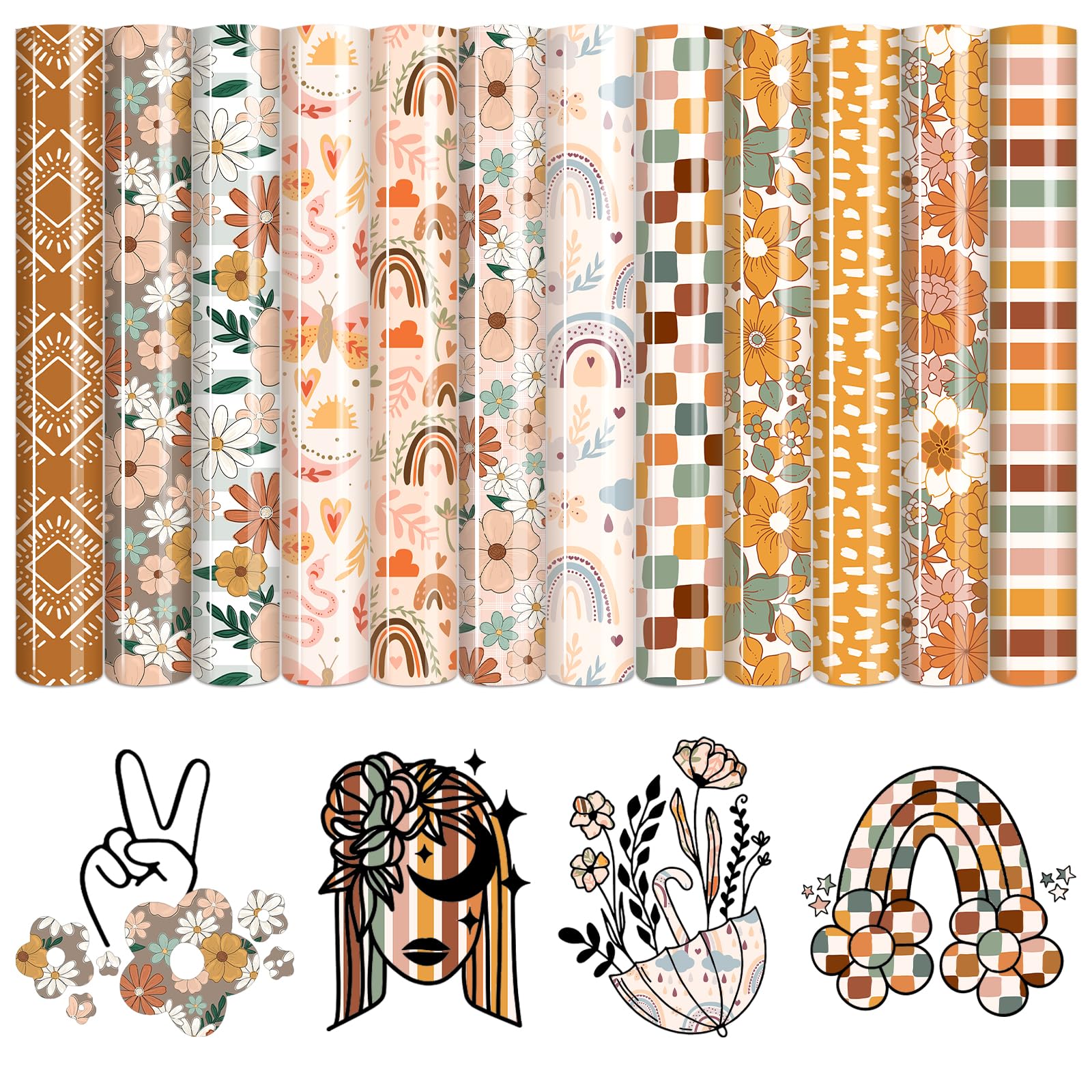 HTVSTD Boho HTV Heat Transfer Vinyl - 12 Sheets 12 x 10 Inches Flower Patterned HTV Vinyl Rainbow Heat Transfer Vinyl for T-Shirts DIY Iron on Vinyl Compatible with Sillhoutte Cameo and Cricut