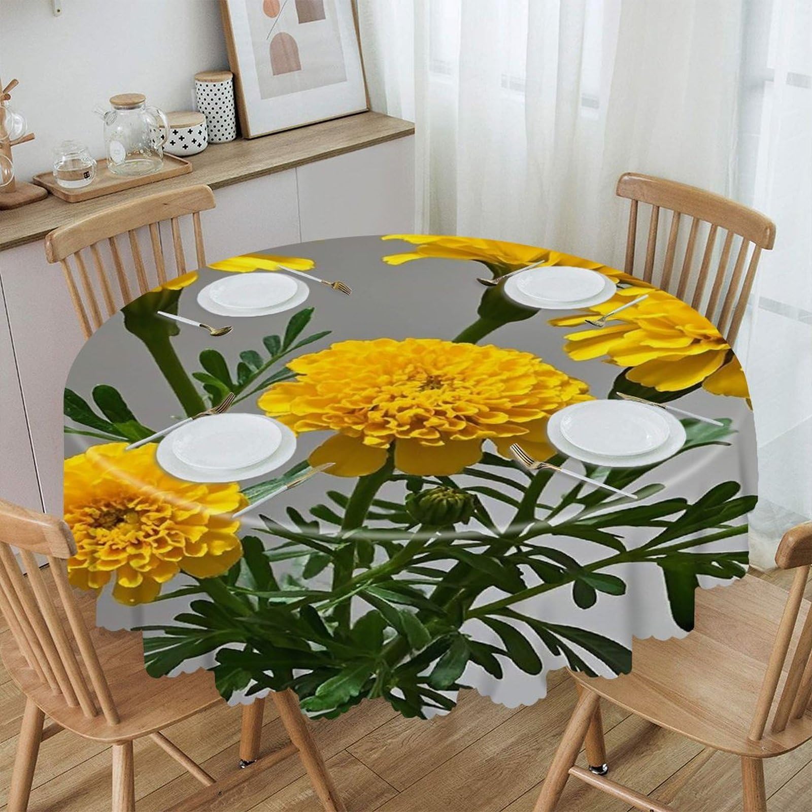 FekiLoot 60 Inch Round Marigold Tablecloth Waterproof Heavy Duty Polyester Table Cloth Spill-Proof Wipeable Table Cover Decorative Circle Dining Tablecover for Party Outdoor