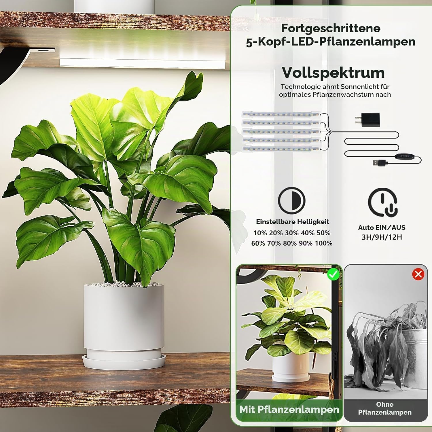 Bonnlo Pflanzenständer mit Wachstumslicht, Blumenständer Blatt-Design, Pflanzenregal natürlich, Blumenregal Eisenholz für Balkon, Wohnzimmer, Garten, Büro, 160x84x26 cm, vintage