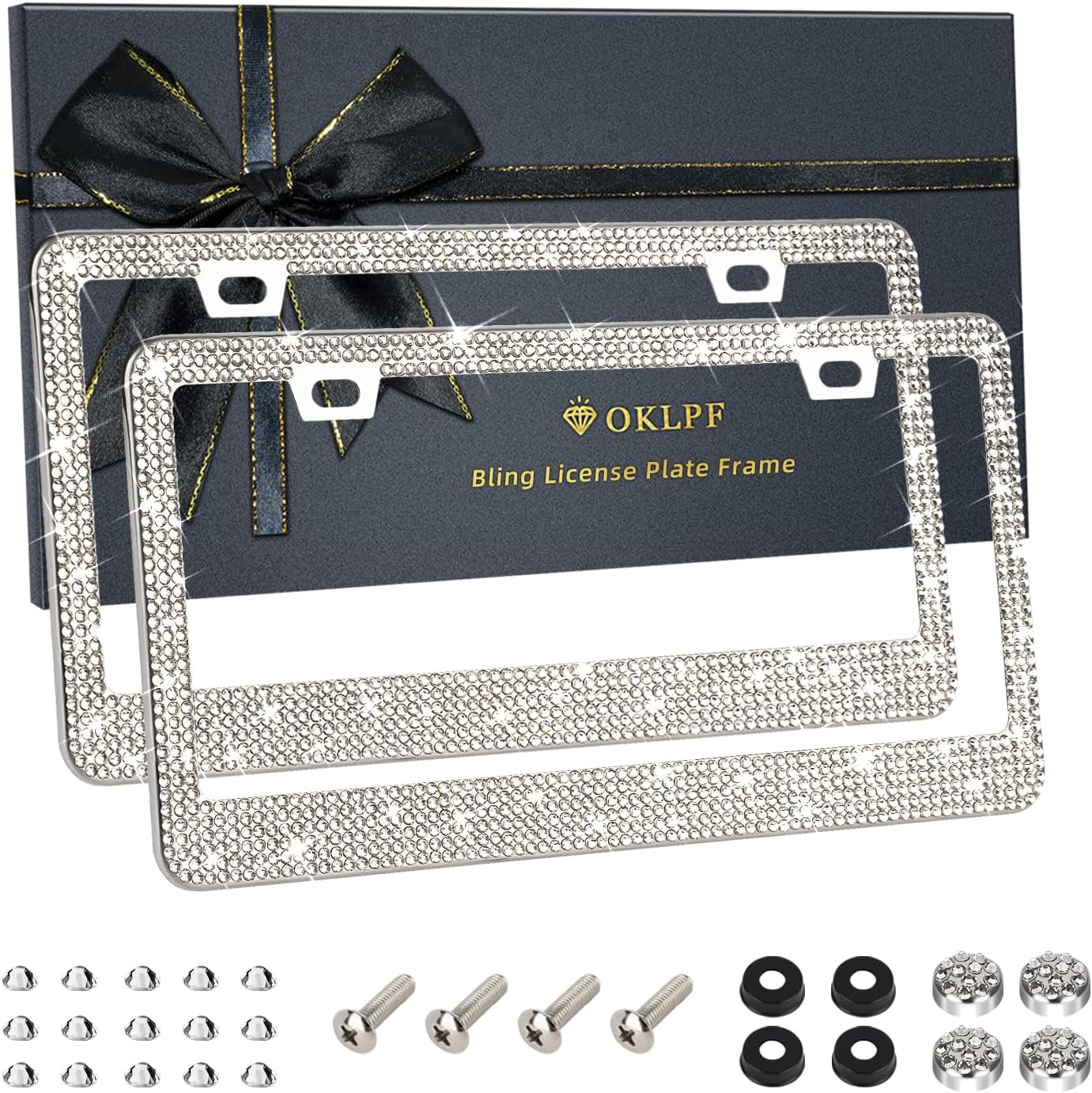 Product image of OKLPF 2 Pack White Bling License Plate Frames, Sparkly Diamond Car License Plate Holder, Suitable for Both Men and Women, Come with Screw Cap, Screw,Washer.