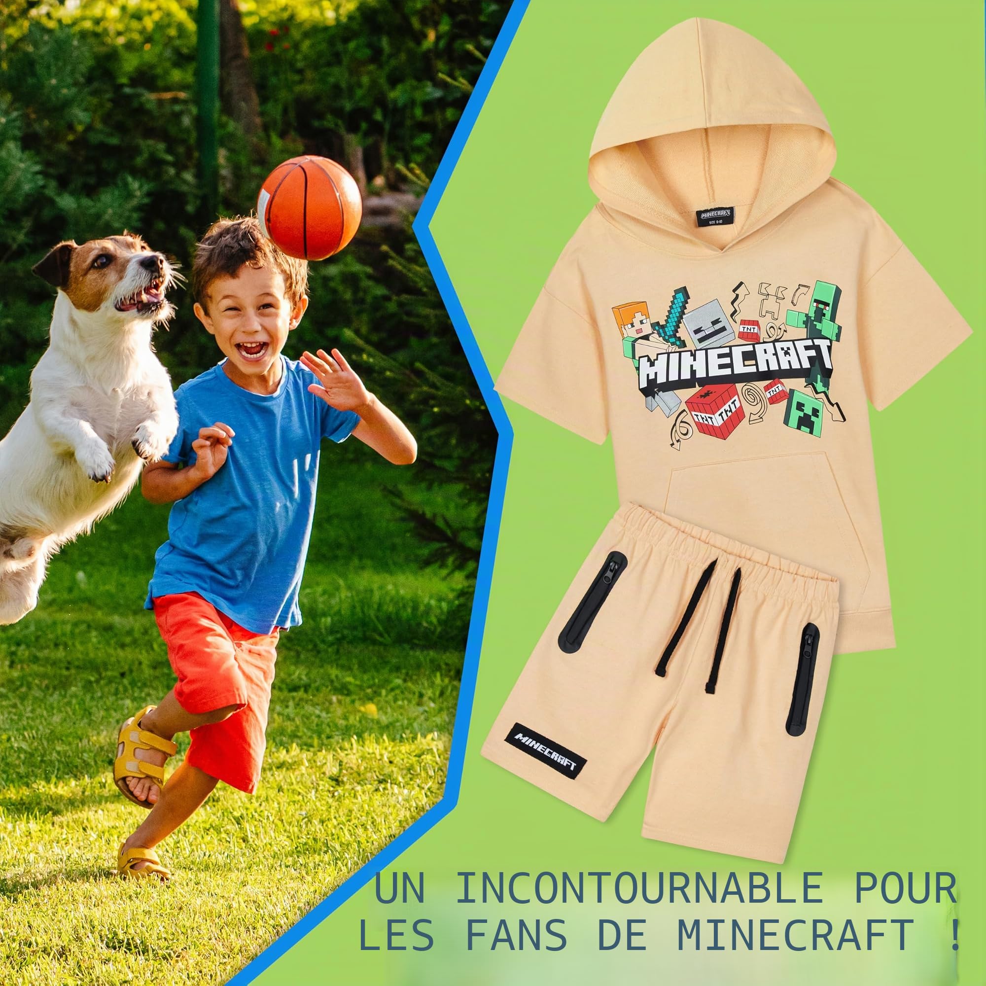 Minecraft Ensemble de survêtement à capuche et short pour garçon 2 pièces Creeper Adolescents Gamer Été Manches courtes Sweat à capuche Poches zippées Sports Casual Activewear