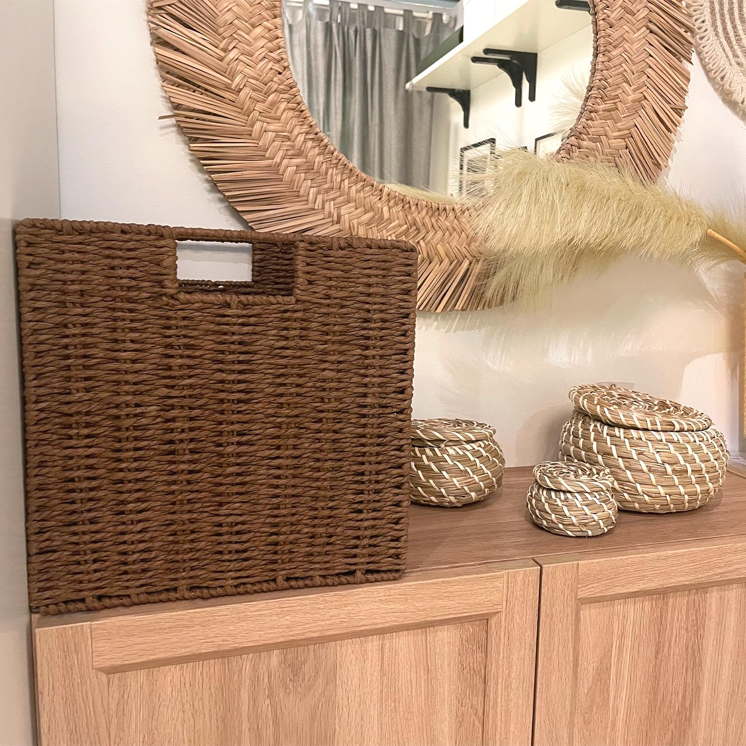 2 Cestas de Almacenaje, Cesta Mimbre Tejidas a Mano Cubo 28CM, Cesta Grande Plegable de Papel de Jacinto de Agua con Asas, Cesto Decorativo para Baño Estanterías Kallax Cocina