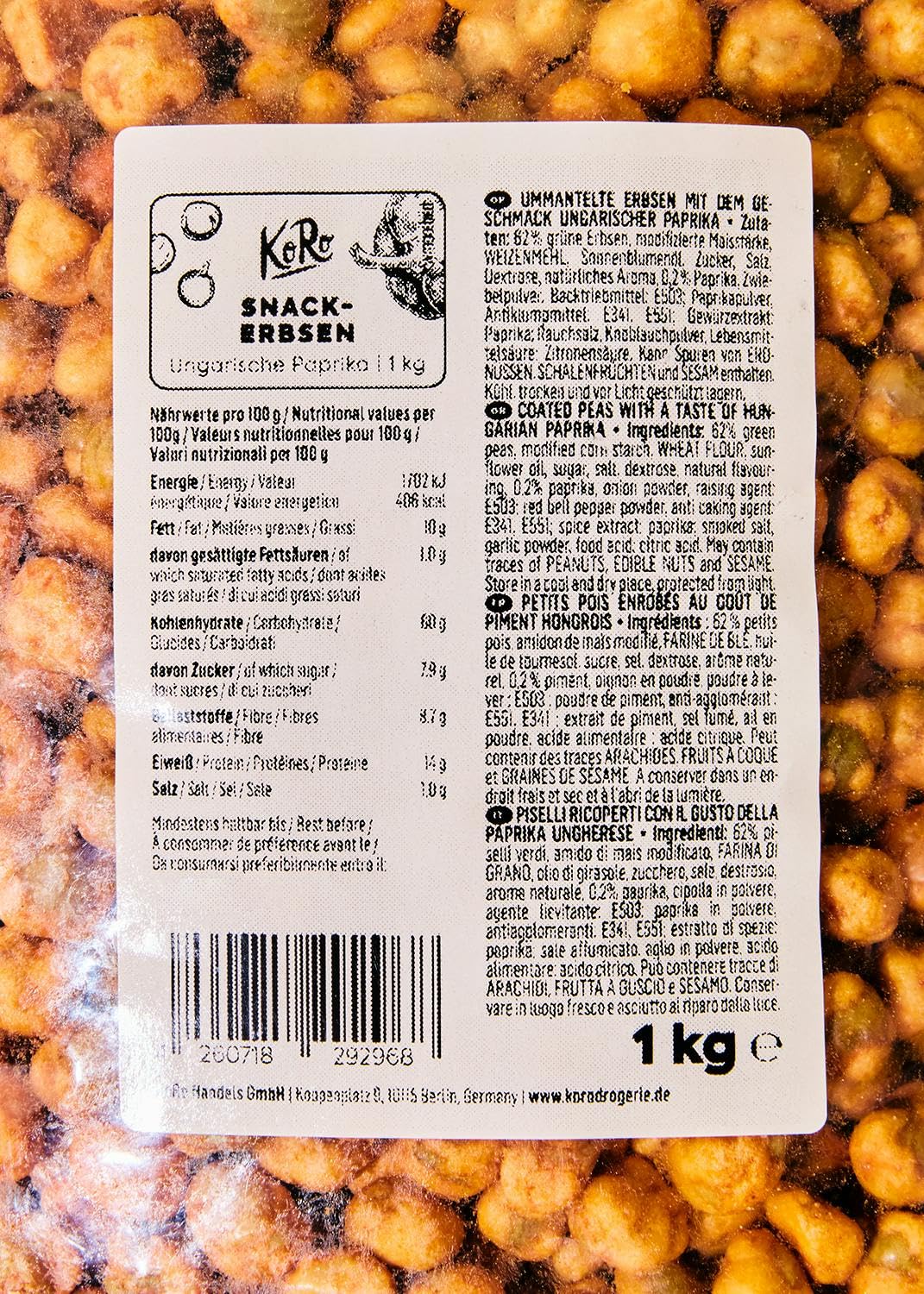 KoRo - Snack aux pois saveur poivron hongrois 1 kg - Petits pois croquants aux épices de paprika - Saveur fumée et épicée - Alternative vegan aux chips traditionnelles