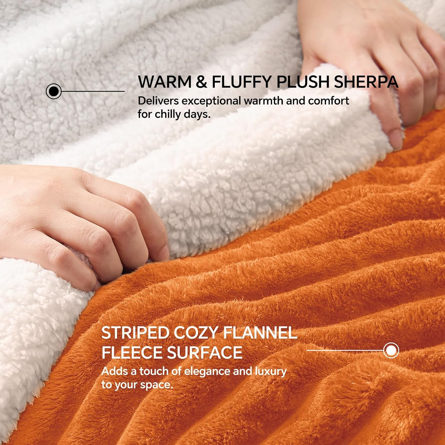 INFIIXSO Sherpa Throw Blanket for Couch - Super Soft & Warm Striped Fleece Blanket, Cozy Plush Fluffy Blanket All Season Use (Burnt Orange, 50x60 Inches) - Image 3
