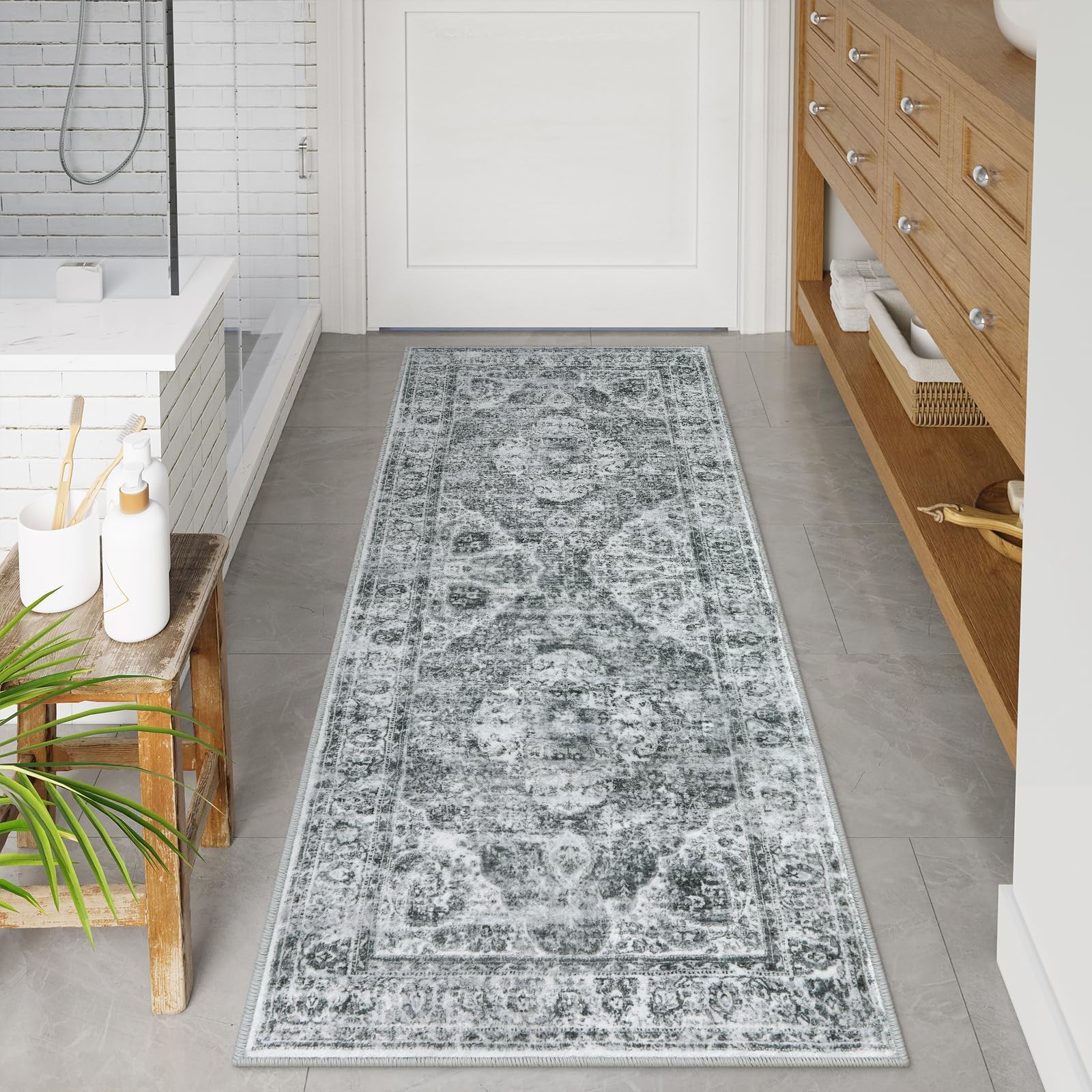Uphome Bathroom Runner, Distressed Tribal Farmhouse Gray Bathroom Mat, Large Bath Rugs Non Slip Washable, Oriental Retro Boho Bath Mat Runner for