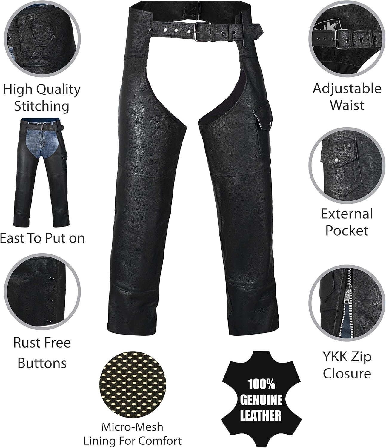 HWK Moto In Pelle Chaps Pantaloni Biker Cowboy Equitazione Corsa Nero Vera Pelle Chap nero