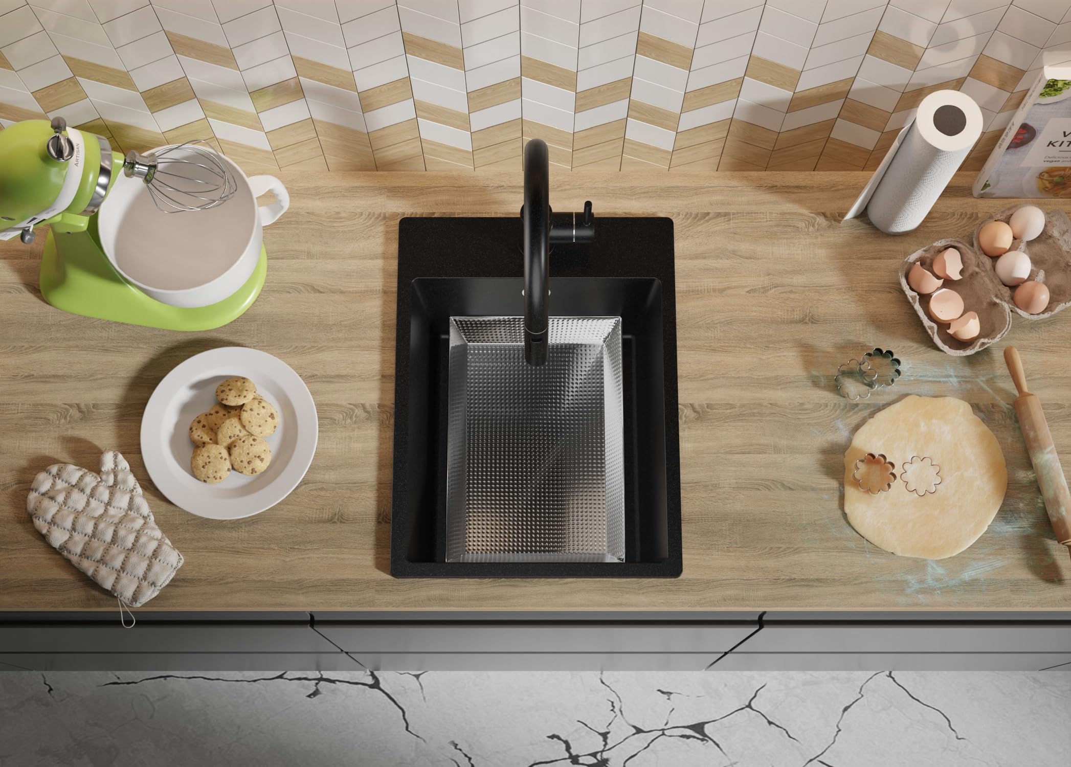 PRIMAGRAN Evier Cuisine en Granit Noir 38x50cm, Lavabo 1 bac + Kit de Vidage, Évier à Encastrer au Meuble 40cm - Riga S035