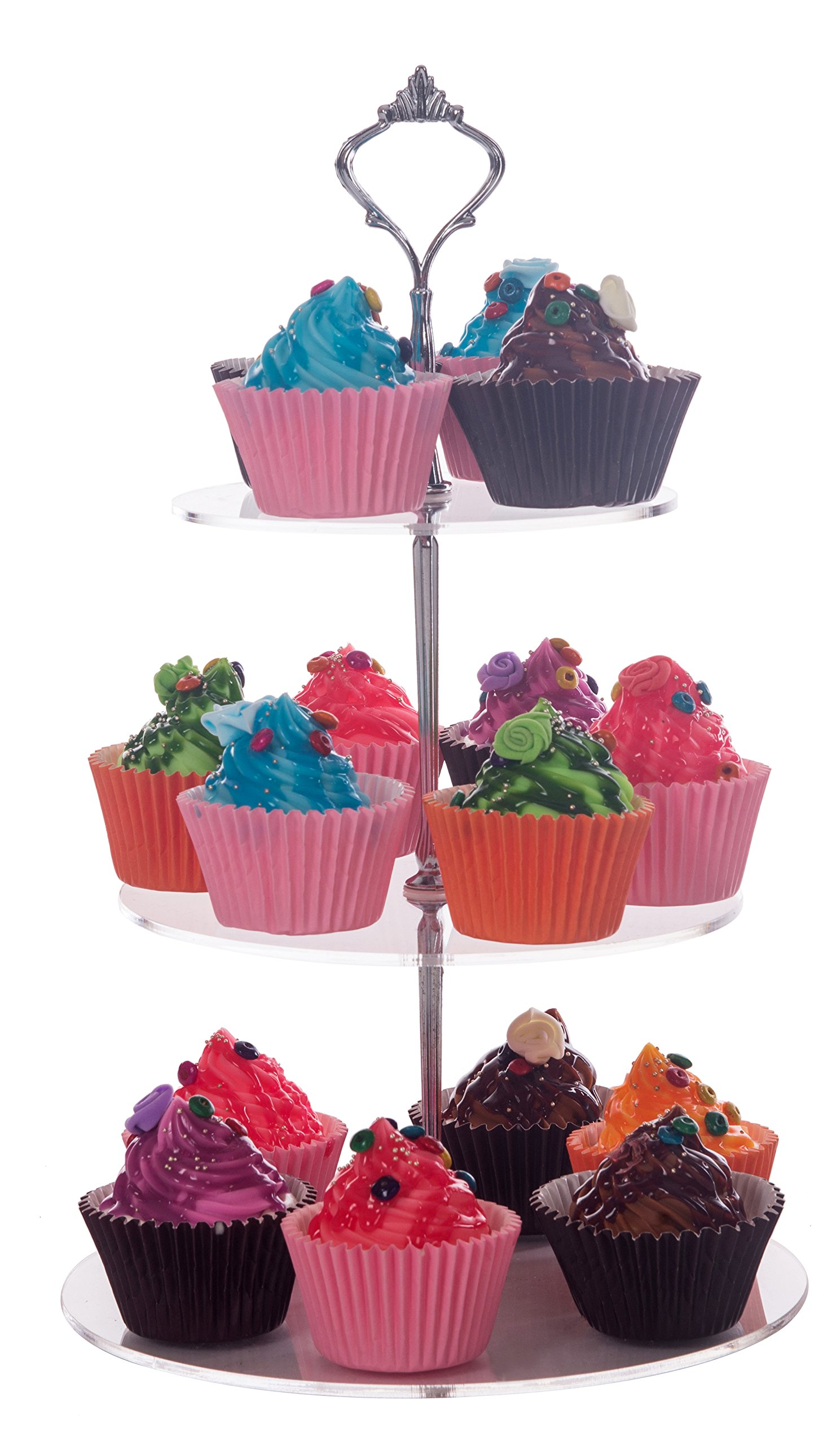 3 Tiers Round Acrylic Clear Cupcake Tower Tree,Hand Lifting Cupcake Display Stand,Cupcake hoder (3 tiers Round Silver)