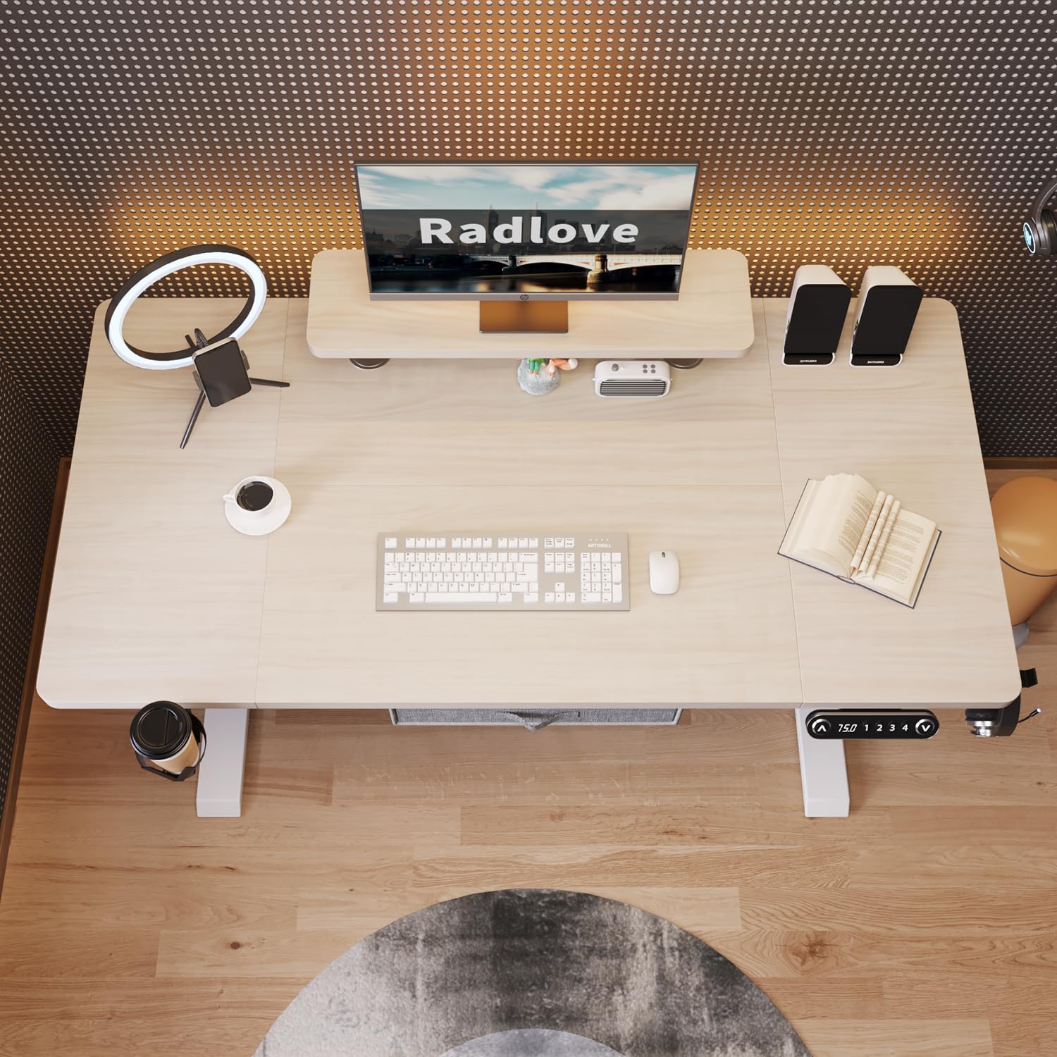 Radlove Scrivania elettrica regolabile in altezza, con 4 controlli in memoria e tecnologia anti-collisione (rovere+ripiano per monitor, 76 x 140 cm)