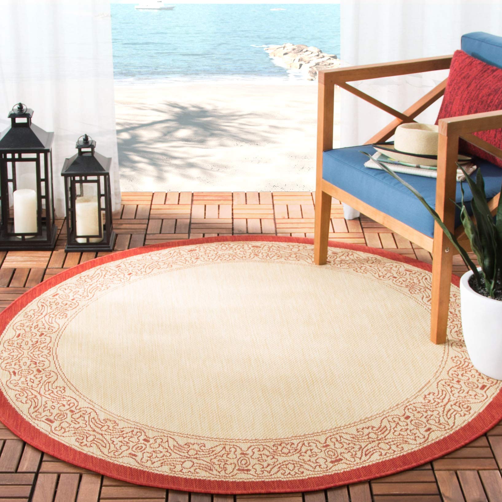 SAFAVIEH Washable Rug Outdoor Courtyard Collection - 7'10" Round, Natural & Red, Non-Shedding & Easy Cleaning, Ideal for Patio, Backyard, Mudroom (