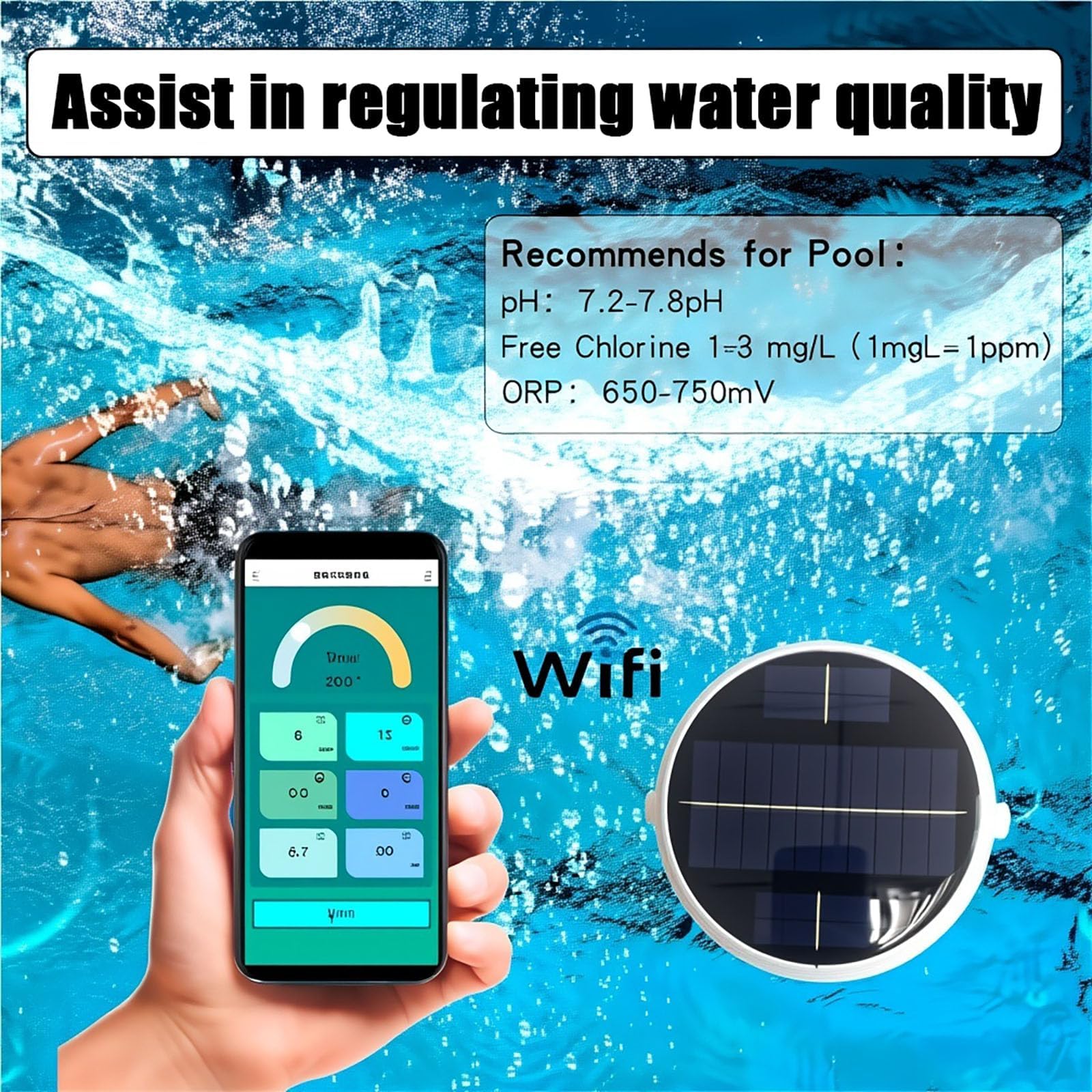 Inteligentny Tester Wody Basenowej, Monitor Jakości Wody 7 w 1 z Wi-Fi i Bluetooth, Solarny Pływający Czujnik do Pomiaru pH, Chloru, ORP, EC, TDS, Zasolenia i Temperatury do Basenów i Wanien Spa