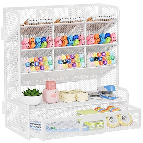 Marbrasse Larger Mesh Desk Organizer with Drawer, Multi-Functional Pen Pencil Holder, Easy Assembly, Desk Organizers and Accessories for Office Art Supplies (White) - White