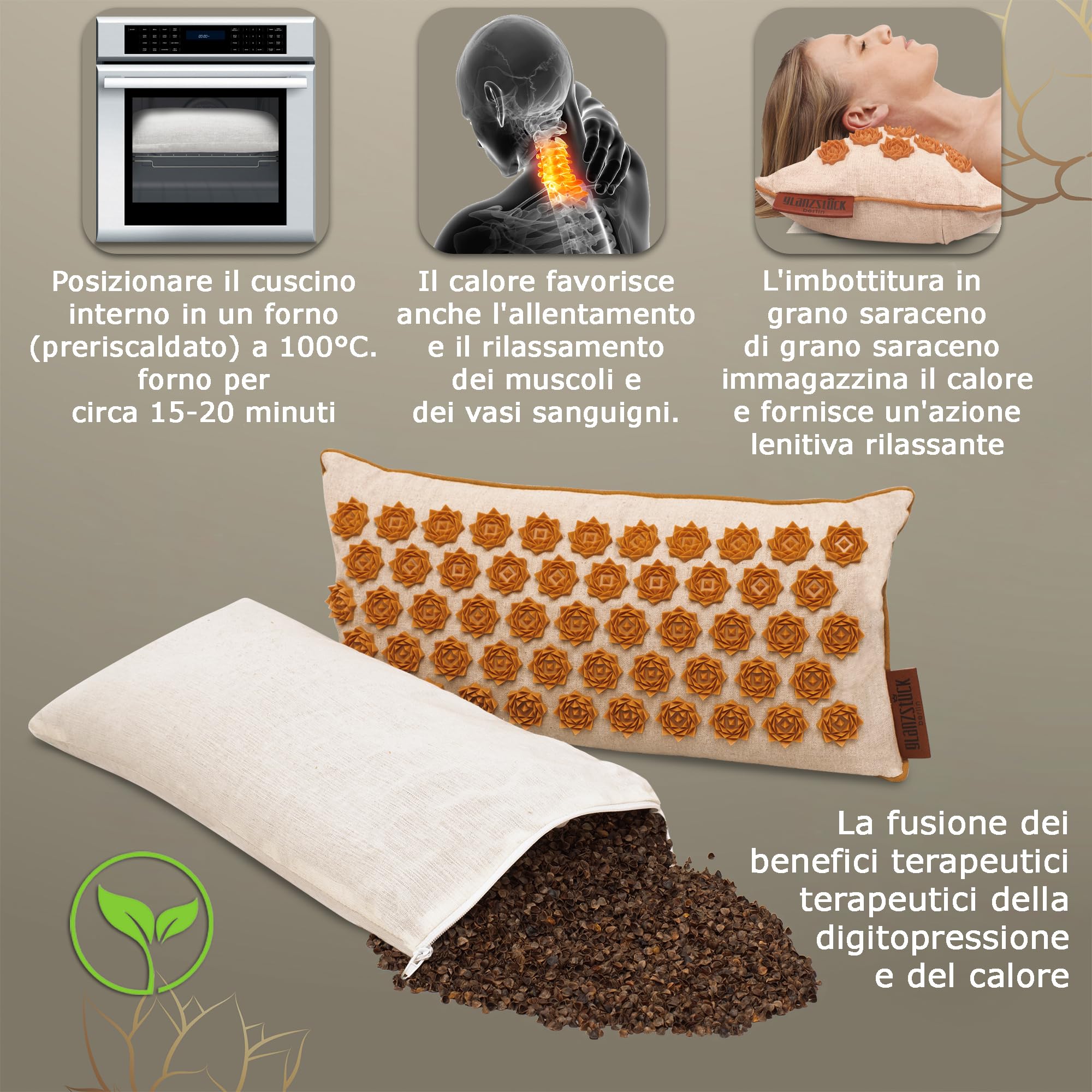 Glanzstück Berlin® Health Collection: Set di tappetini per agopressione XL originale in lino, aiuto in caso di tensioni, mal di schiena, tappetino massaggiante con cuscino (funzione termica) e