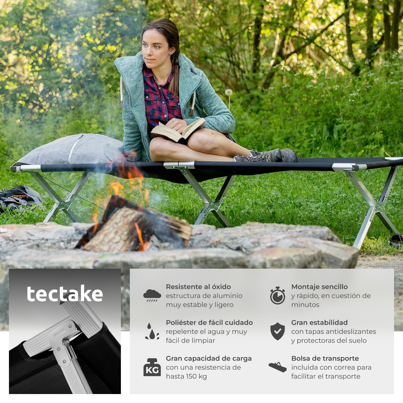 tectake® Cama Plegable con Estructura de Aluminio, Ideal para Acampada y Playa, Tumbona Plegable con Colchoneta, Ligera y Estable, Incluye Bolsa de Transporte, Accesorios Camping - Set de 1 Negro