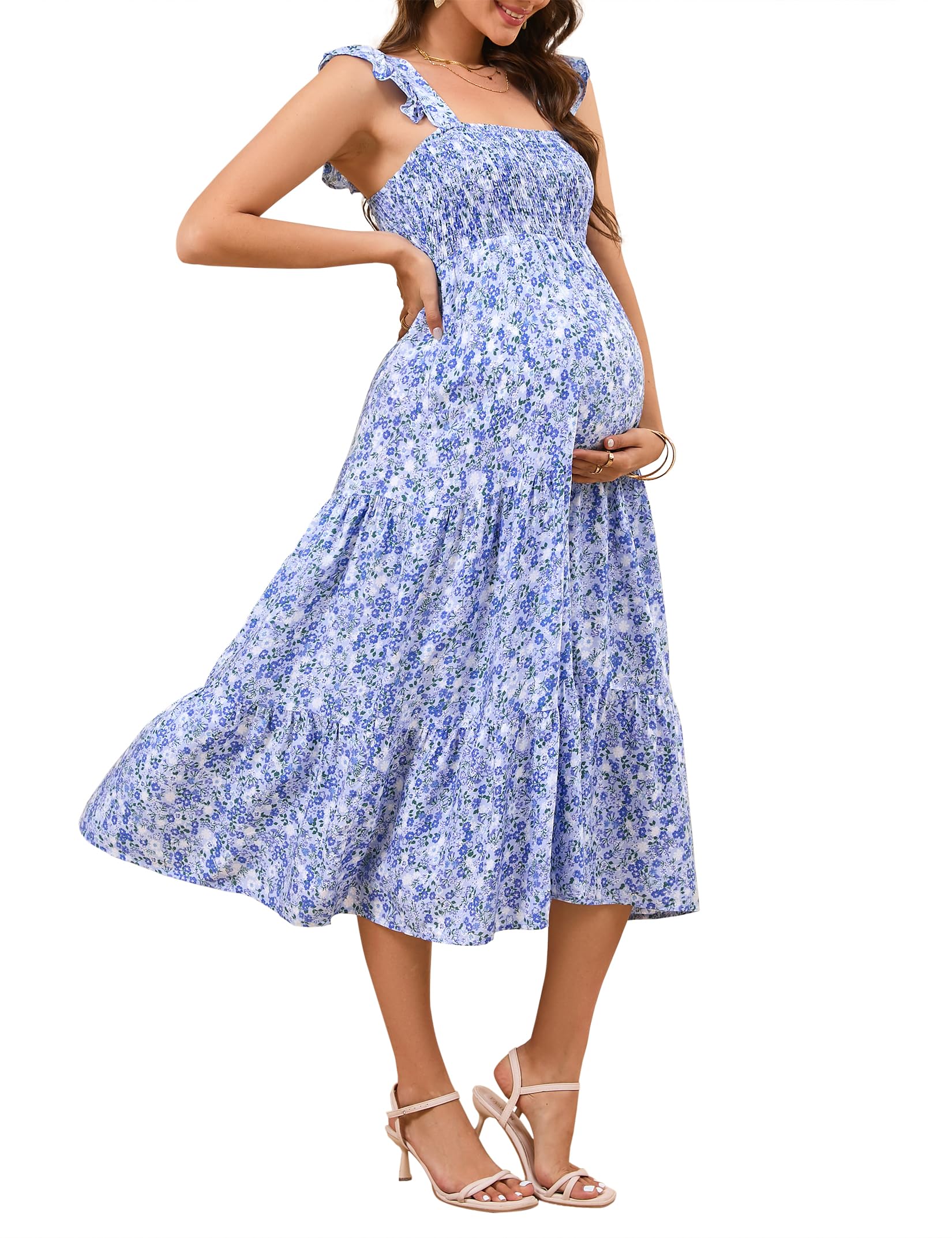 KOJOOIN Womens Maternity Dress Summer Sleeveless Smocked Square Neck Ruffle Casual Boho Midi Dress Baby Shower Photoshoot