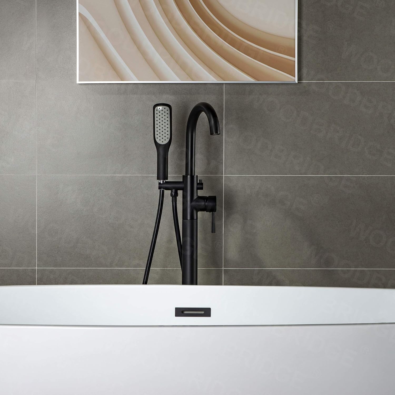 WOODBRIDGE WOODBRIDGEE Contemporary Single Handle Floor Mount Freestanding Tub Filler Faucet with Hand Shower in (Matte Black) Finish,F0006MBSQ