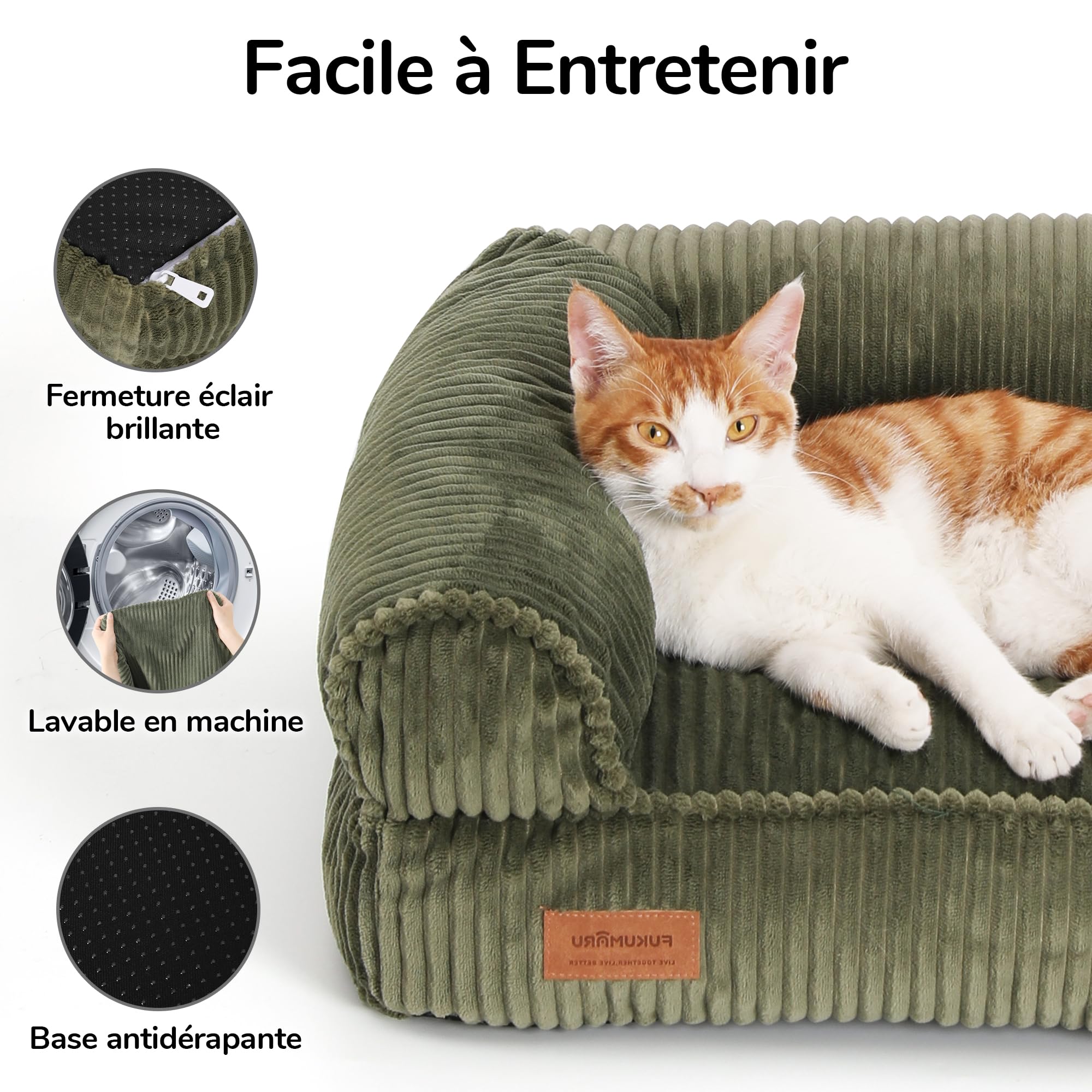 FUKUMARU Panier Chiens Chats, Coussin Chien Dehoussable et Lavable, Canapé Antidérapant pour Petits Chiens et Chat, 72 x 52 x 22 cm, Vert