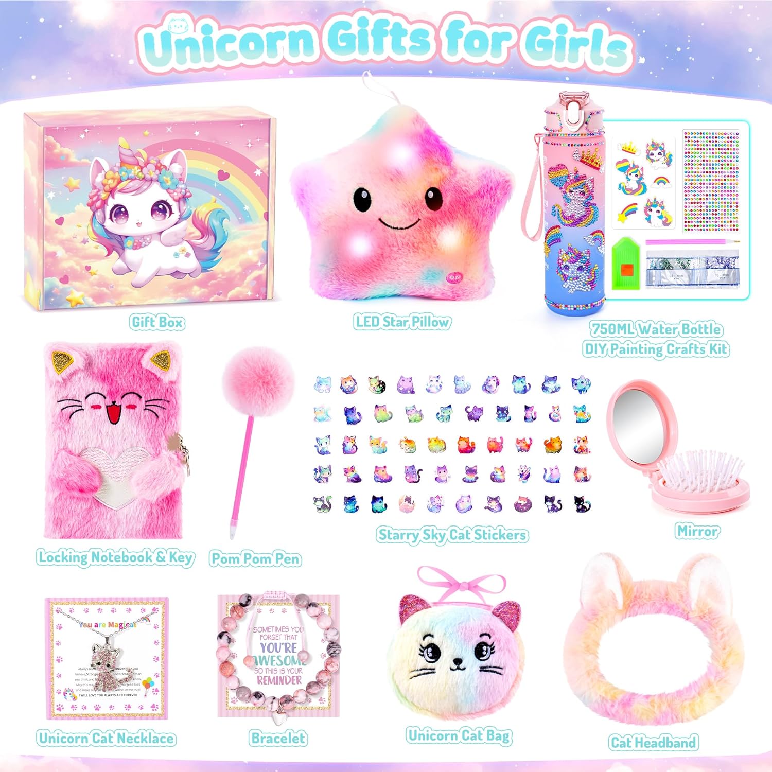 13PCS Unicorn Cat Toys Gifts for Girls 4-6 7 8 9 10 Years Old, Girls Birthday Gifts Set with Light Up Star Pillow DIY Water Bottle Kits, for Daughter Niece Christmas Birthday Baskets for Kids