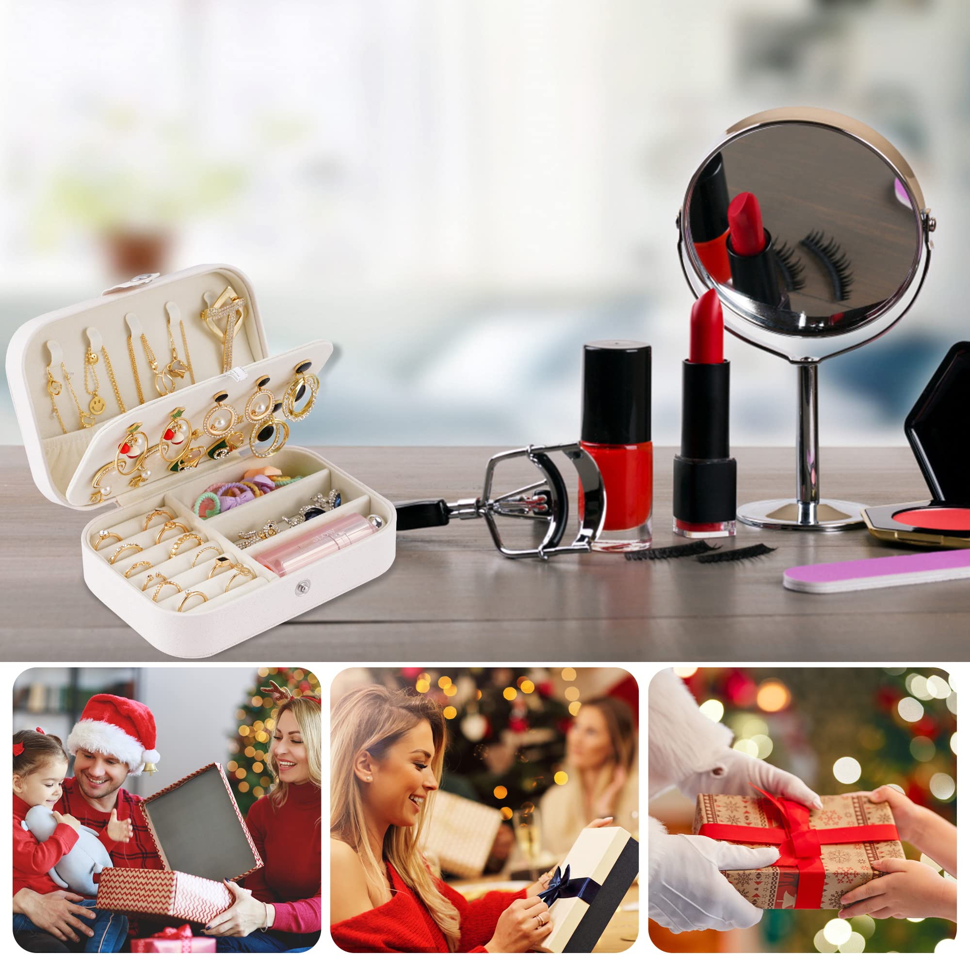 Travel Jewelry Box, PU Leather Small Jewelry Organizer for Women Girls, Double Layer Portable Mini Travel Case Display Storage Holder Boxes for Stud Earrings, Rings,Necklaces,Bracelets (white).