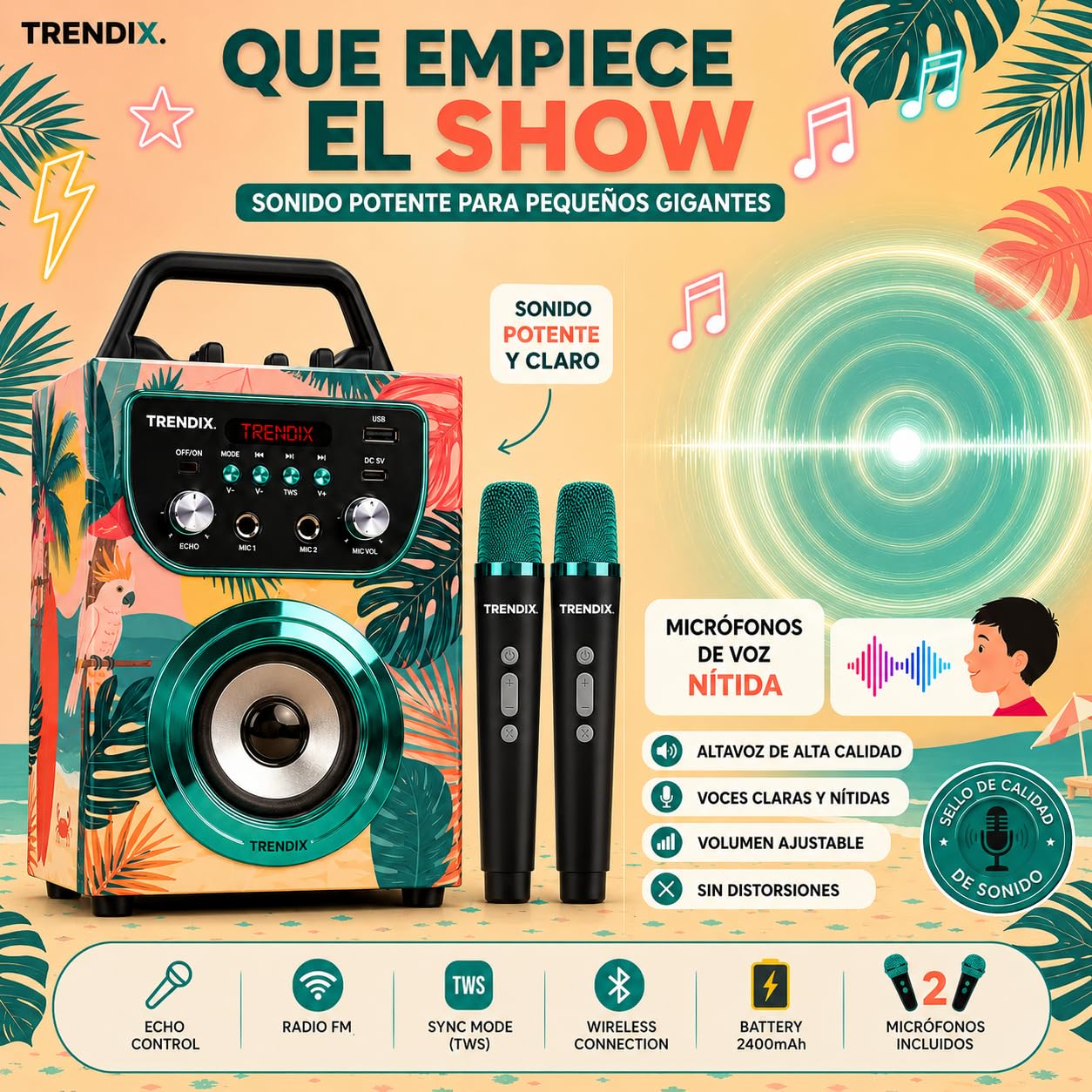 Trendix - Karaoke 2 Microfonos Inalambricos Tropical Vibes | Karaoke Infantil | Altavoz con Microfono | Altavoz Bluetooth con Microfono Y Radio FM | Regalo Comunion Niño | Regalo Niña