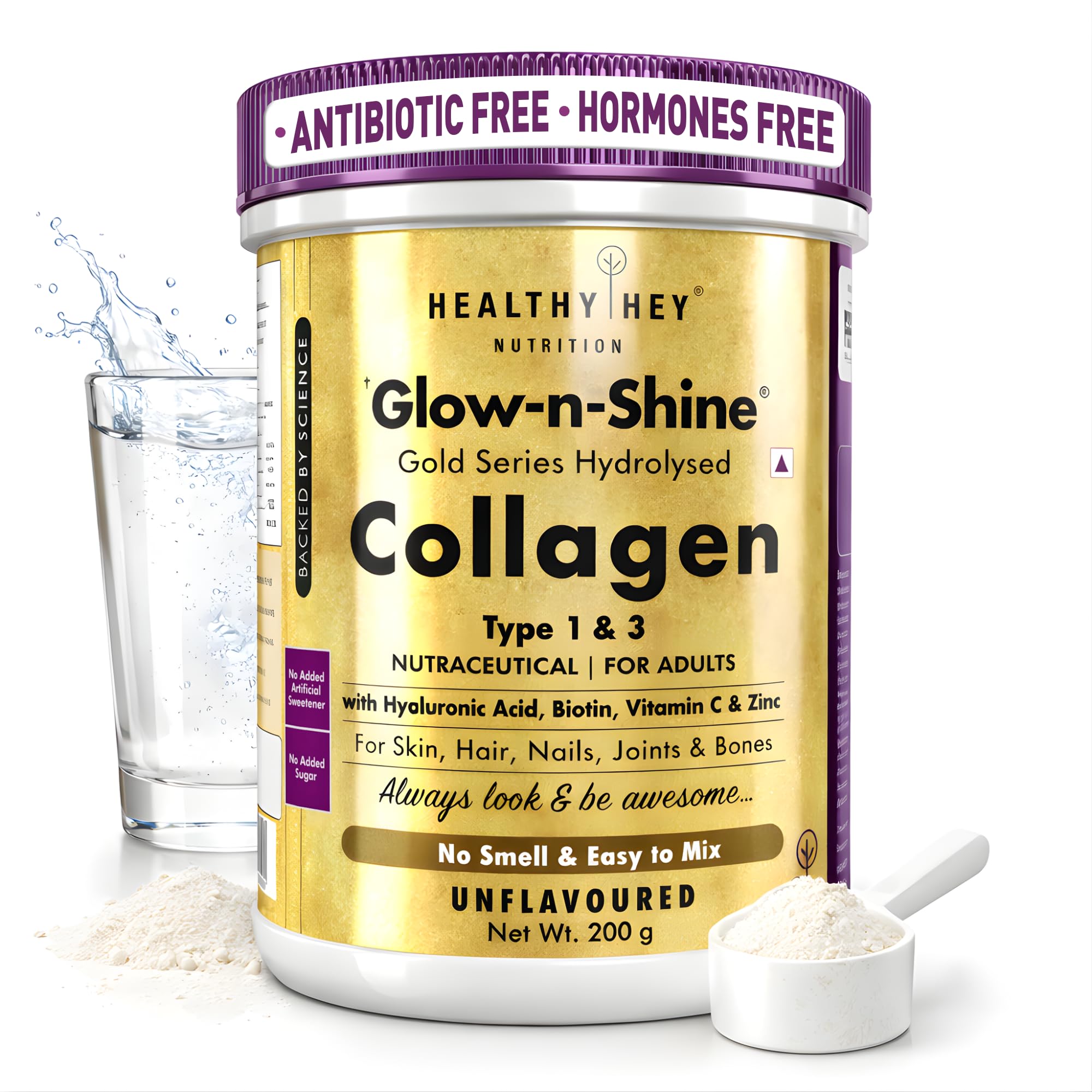 HealthyHey Skin Glow-n-Shine® Collagen Powder 200g | Hydrolysed Collagen for Women and Men with Hyaluronic Acid, Biotin and Vitamin C for Healthy Skin, Hair and Nails - (Unflavoured, 200gm)