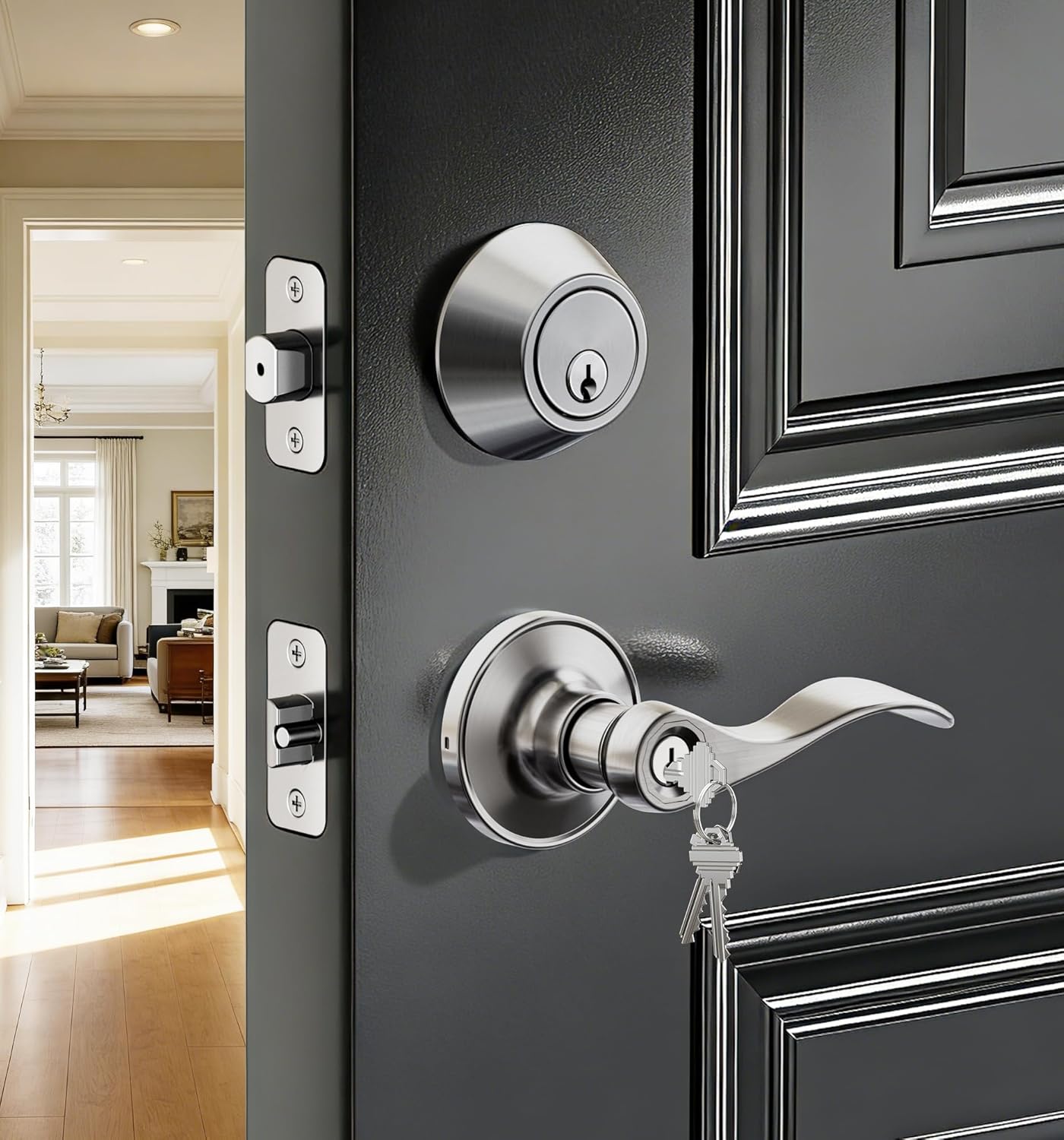 Veise Keyed Alike Front Door Handle Lock with Single Cylinder Deadbolt Combination Set, Exterior Entry Door Locksets with Deadbolt, Wave Zinc Alloy Style Lever keyed Entry Lock, Satin Nickel