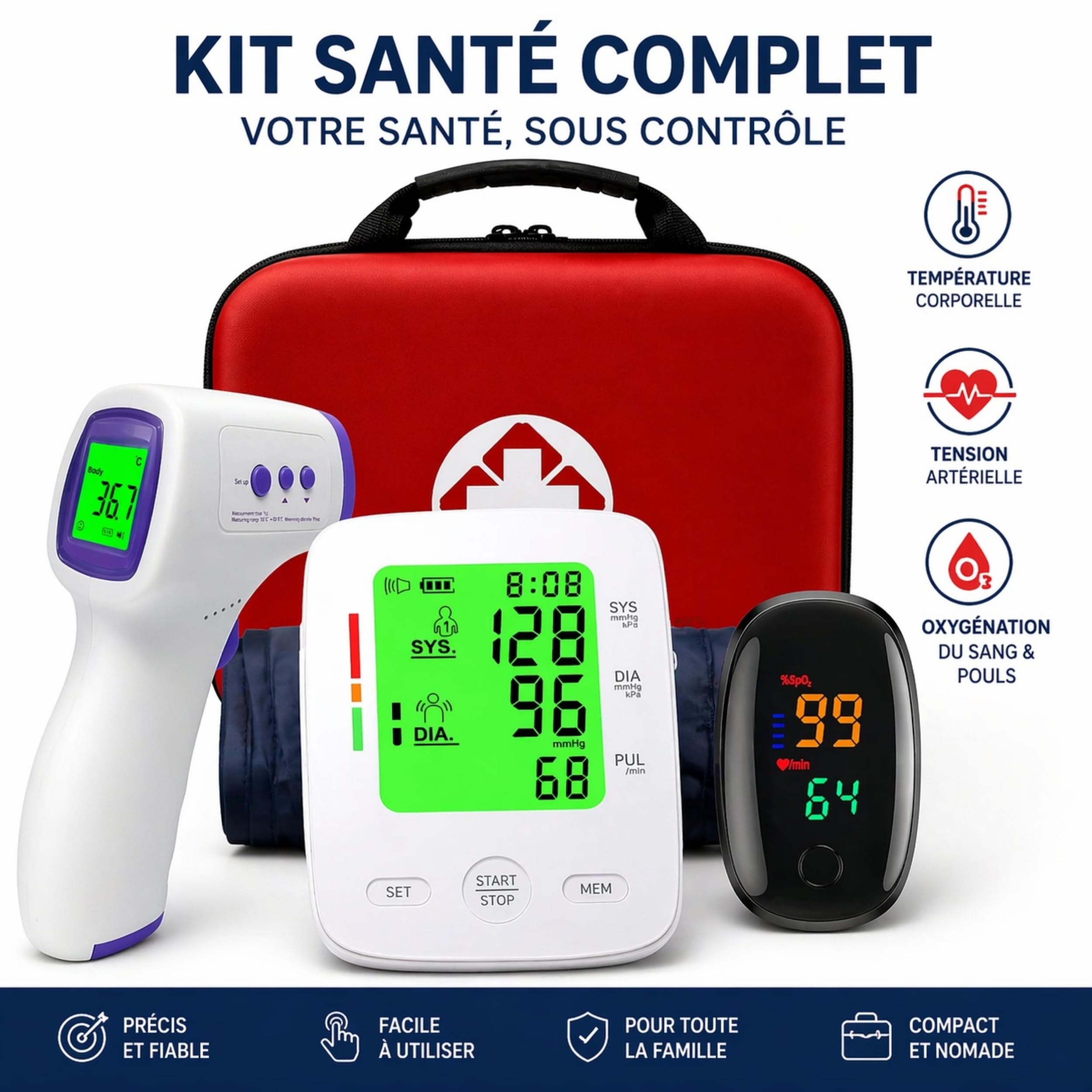 Tensiomètre Bras Électronique + Oxymètre de Doigt + Thermomètre Frontal – Kit Santé à Domicile 3en1 avec Mallette Rigide – Grands Écrans – Pack Surveillance Tension & Température– Seniors & Famille