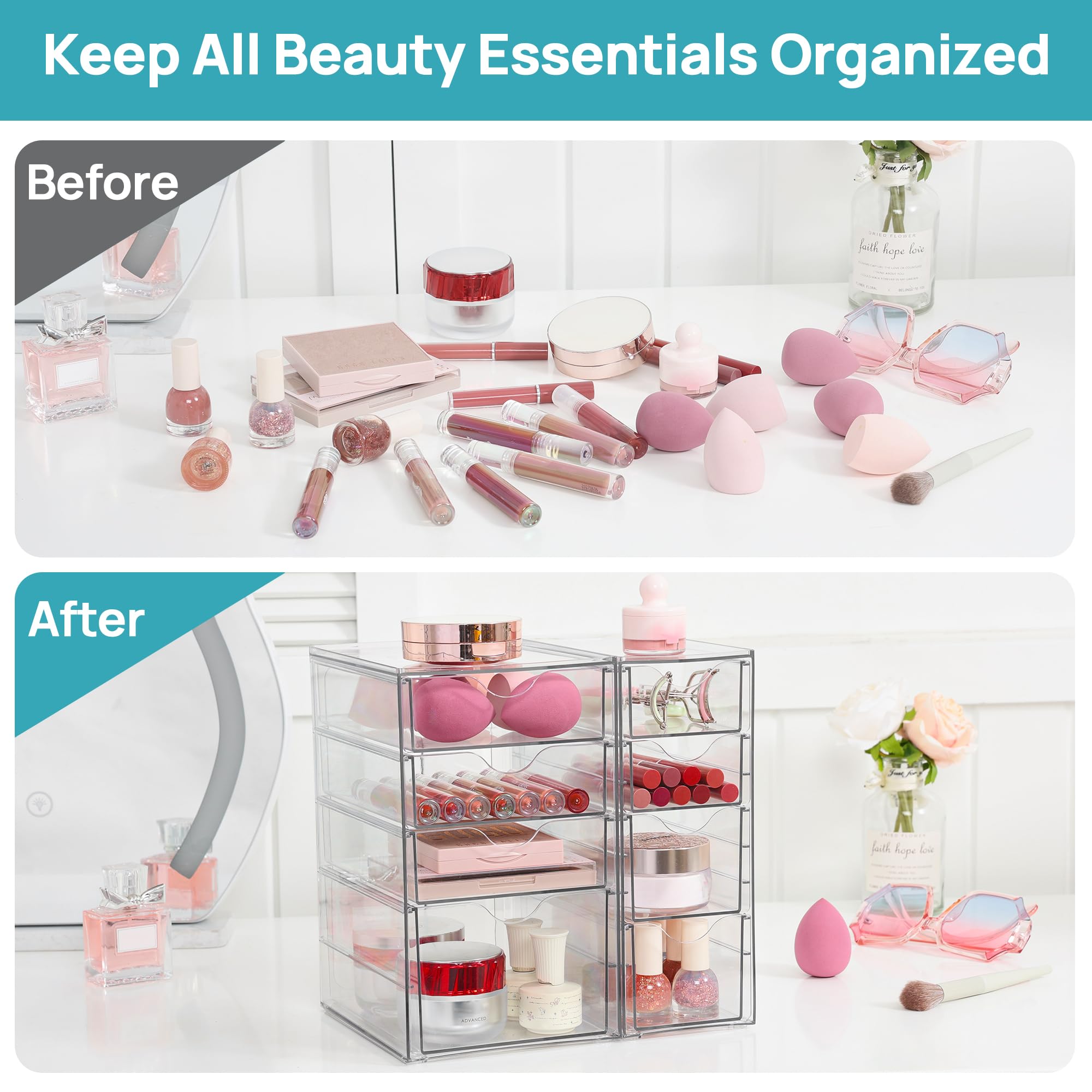 Vtopmart Organiseur de bureau en acrylique avec 8 tiroirs pour bureau, maquillage, travaux manuels | Tiroirs de rangement transparents pour fournitures de bureau, maquillage, bijoux, loisirs créatifs, perles, stylos, papeterie