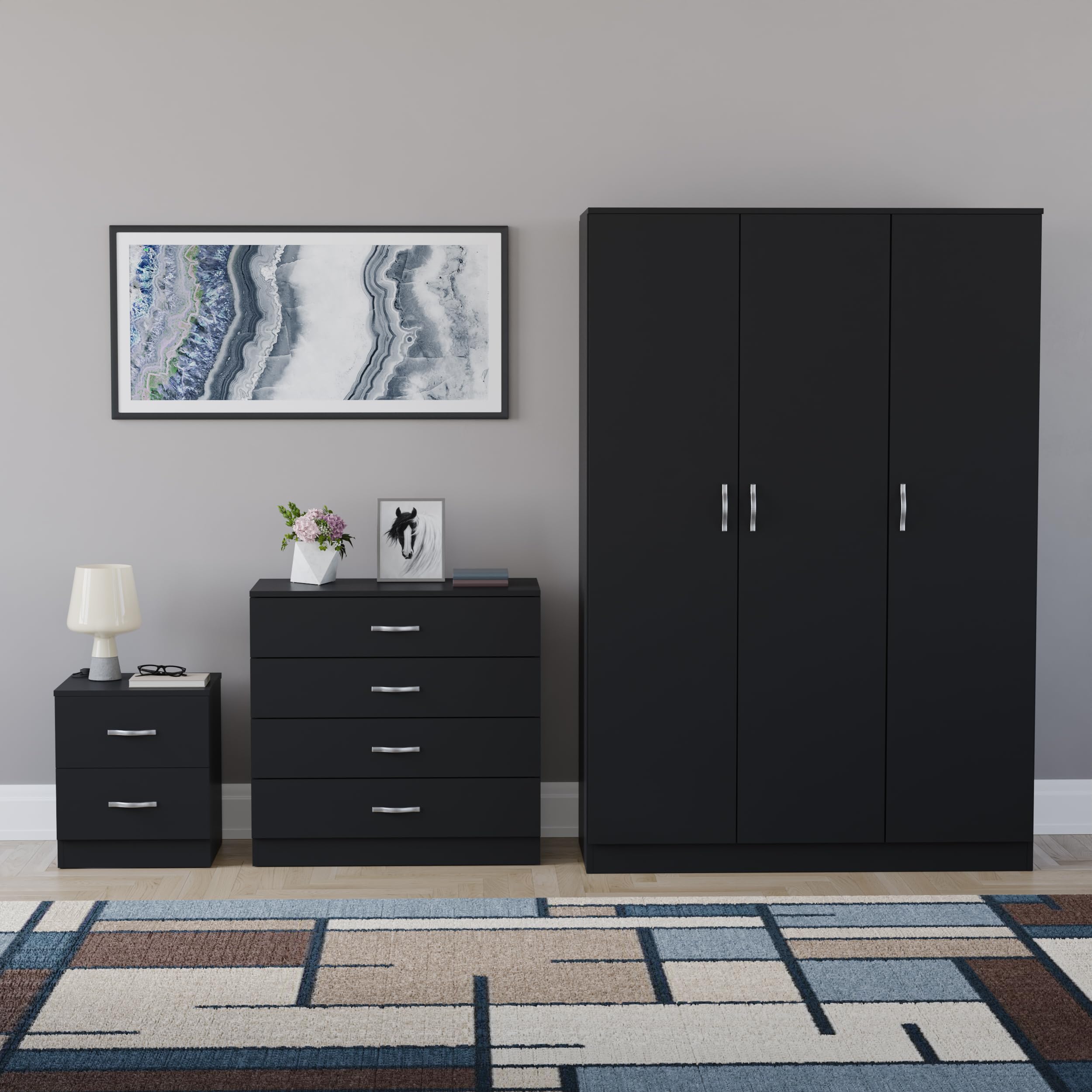 Vida Designs Riano - Juego de dormitorio de 3 piezas (mesita de noche de 2 cajones, cómoda de 4 cajones, armario de 3 puertas), color negro (5)