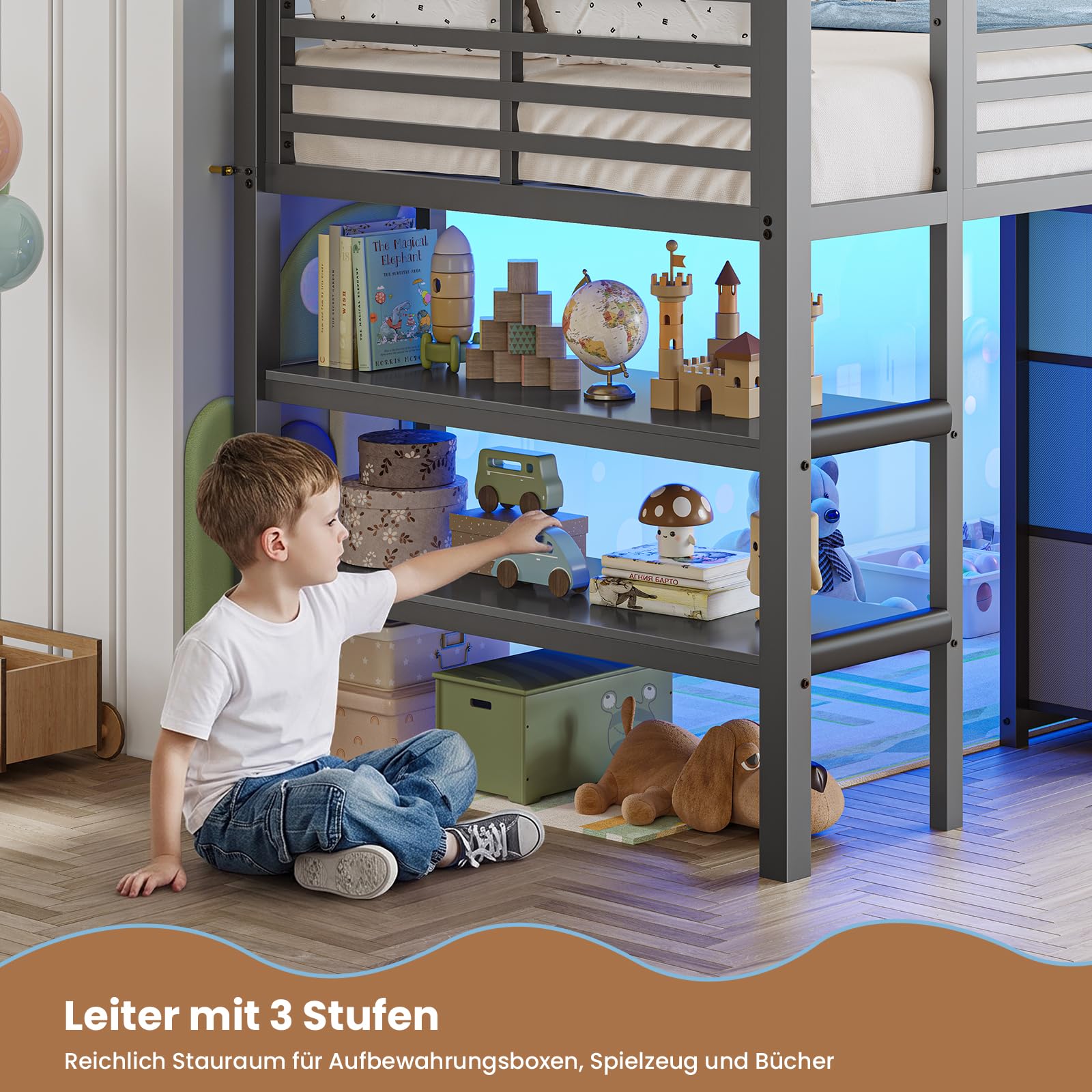 AOGLLATI Hochbett 90x200 mit LED, 9 Schubladen, Treppe als Ablagen nutzbar | Kinderbett mit Rausfallschutz 32 cm, Spielvorhang, Spielbereich unter dem Bett für Kinder, Grau+Blau, ohne Matratze