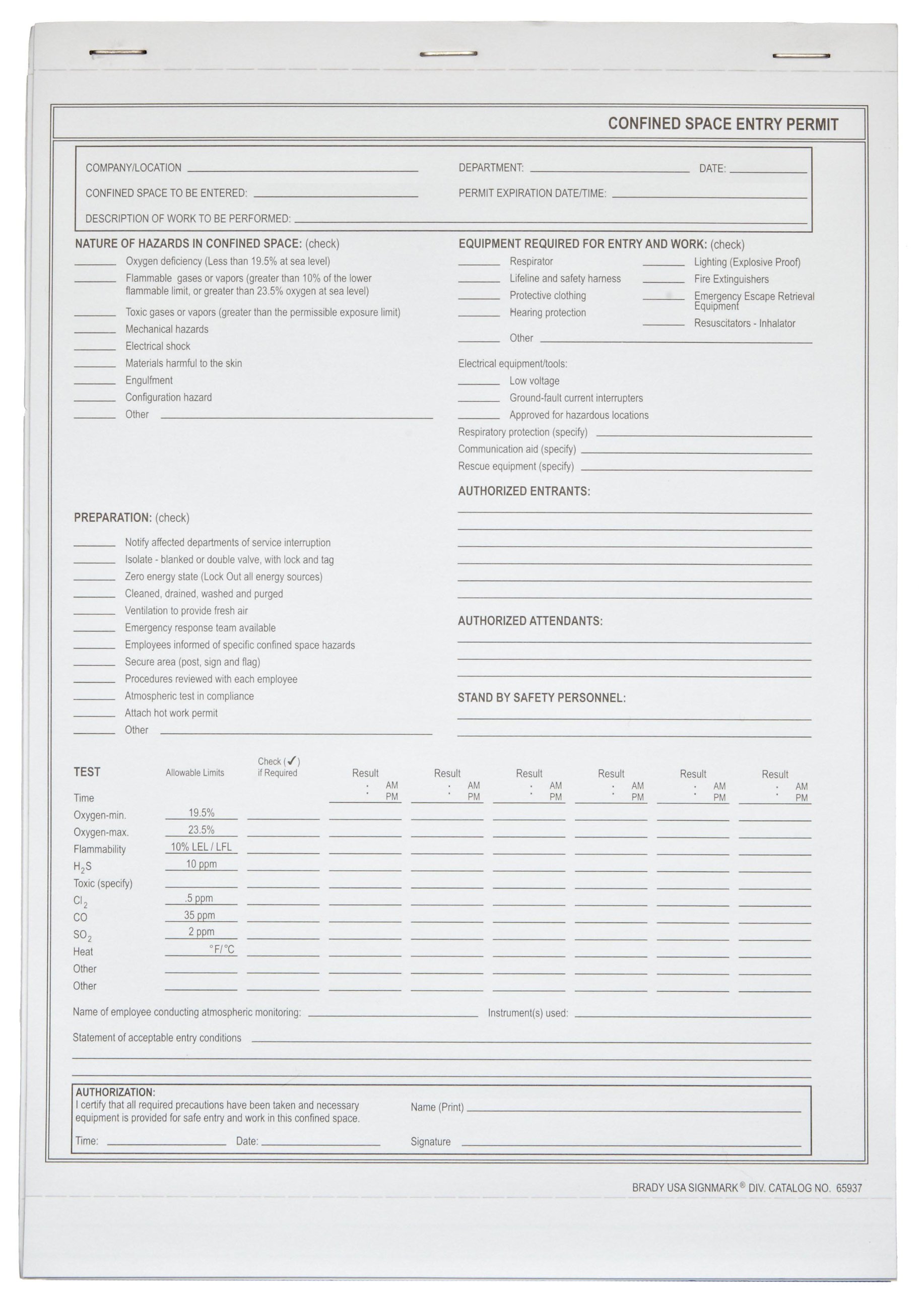 Confined Space Status Safety Tag: Confined Space Entry Permit PF - View #6
