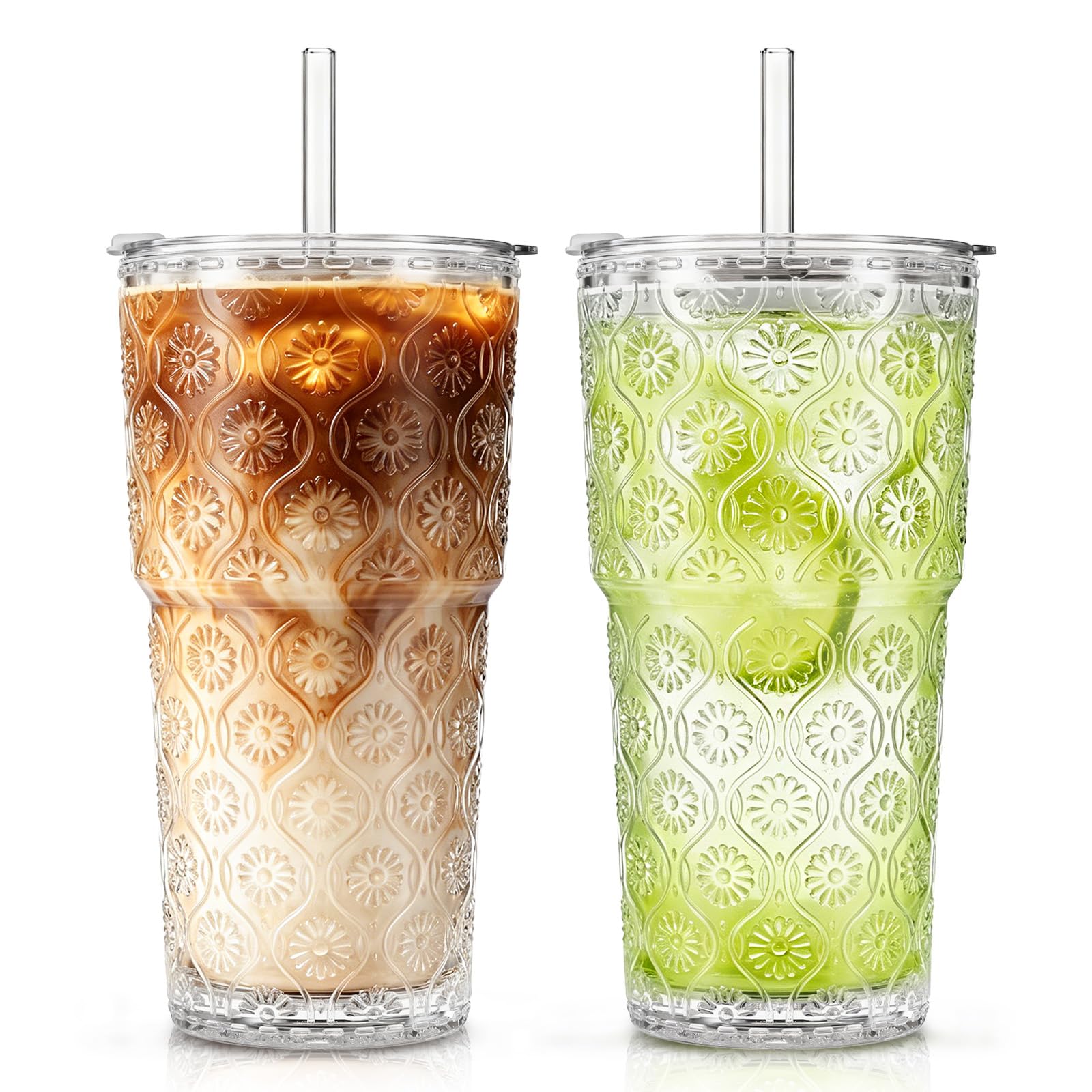SoulTimes 600 ml Begonia Glass Tumbler with Lids and Straws-2 Pcs Iced Coffee Glass Cups for Smoothie, Matcha, Juice, Water etc. Leakproof and Dishwasher Safe Glassware Drinking for Travel to Go
