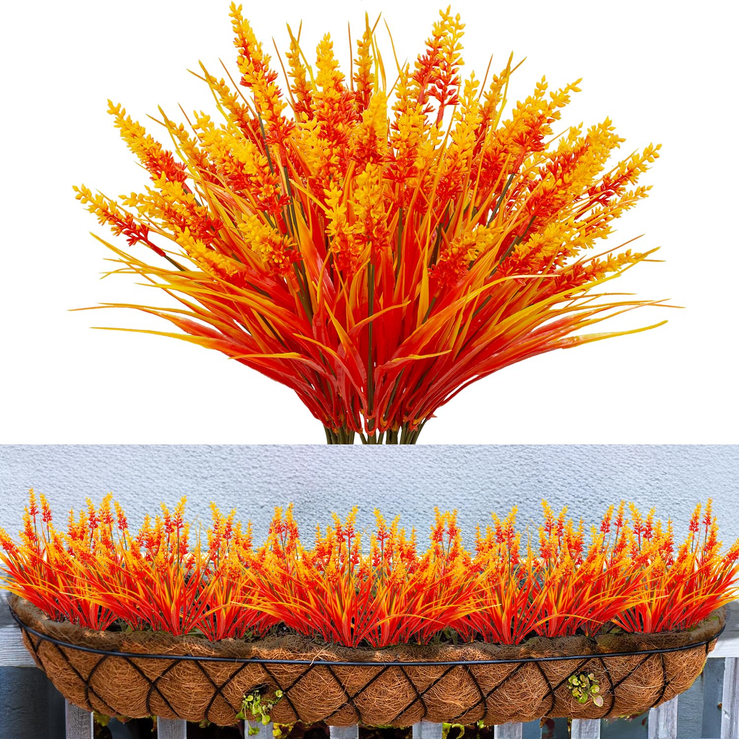 Poolfind 10 Bundles Artificial Monkey Grass Outdoor Fake Flowers UV Resistant Lavender Plastic Plants Outside Hanging Planter Home Garden Décor (10,