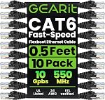 GearIT 10-Pack Cat6 Patch Cable 0.5 Foot / 6 Inches Cat 6 Ethernet Cable Snagless Flexible Soft Tab - Preimum Series - Black