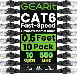 GearIT 10-Pack Cat6 Patch Cable 0.5 Foot / 6 Inches Cat 6 Ethernet Cable Snagless Flexible Soft Tab - Preimum Series - Black