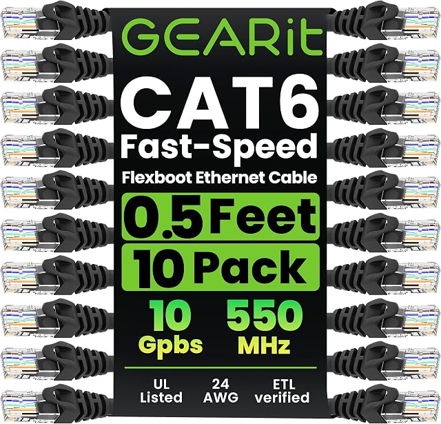 GearIT 10-Pack Cat6 Patch Cable 0.5 Foot / 6 Inches Cat 6 Ethernet Cable Snagless Flexible Soft Tab - Preimum Series - Black