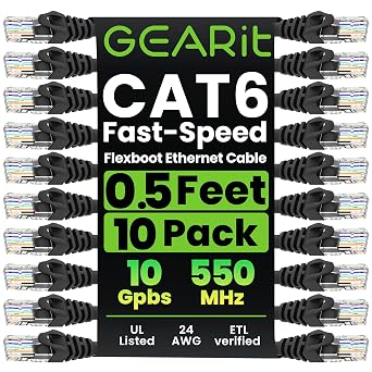 GEARit Cat 6 Ethernet Patch Cable 0.5 ft Black 10 Pack - Cat6 Patch Cables 0.5 ft Black/Ethernet Patch Cable, 10Gbps 24AWG Pure Copper, Snagless RJ45 for Router, Switch, PC, PS5, Server