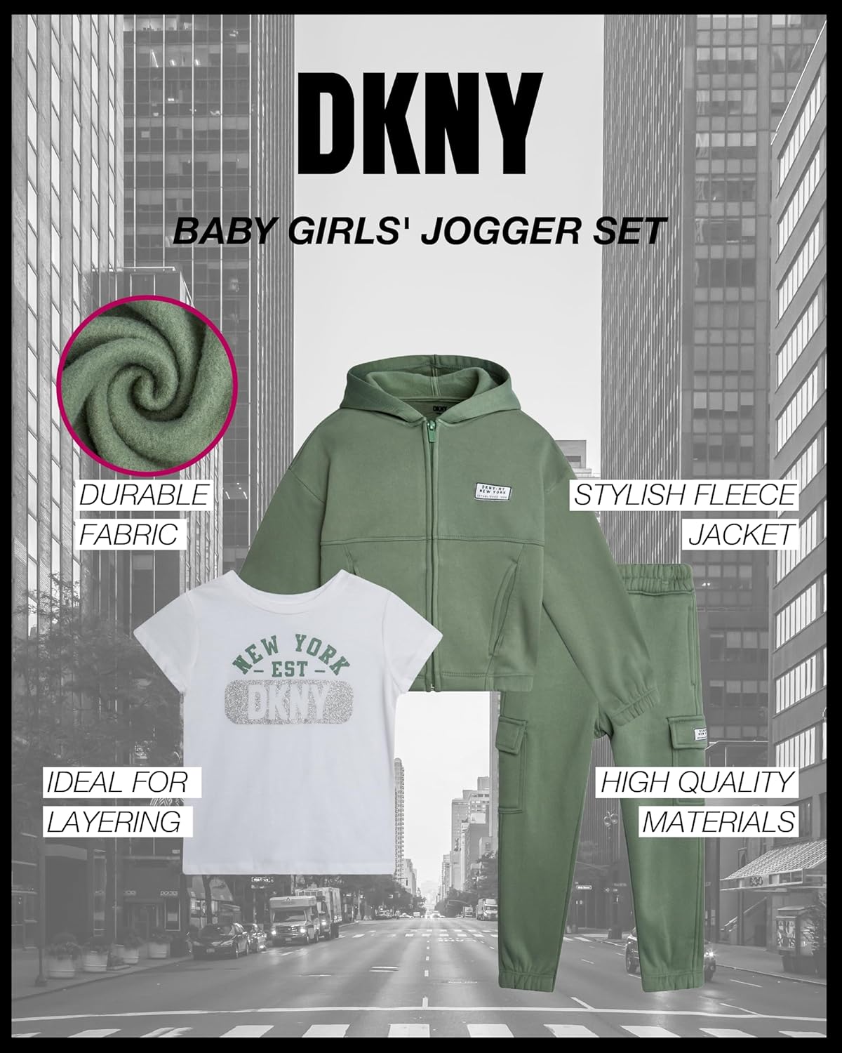 DKNY Toddler Girls' Jogger Set - 3 Piece Fleece Hoodie, Sweatpants, and Short Sleeve Graphic Tee Shirt for Girls (12M-6X) Green 6 image 2 of 6 B0D2PLWTXB