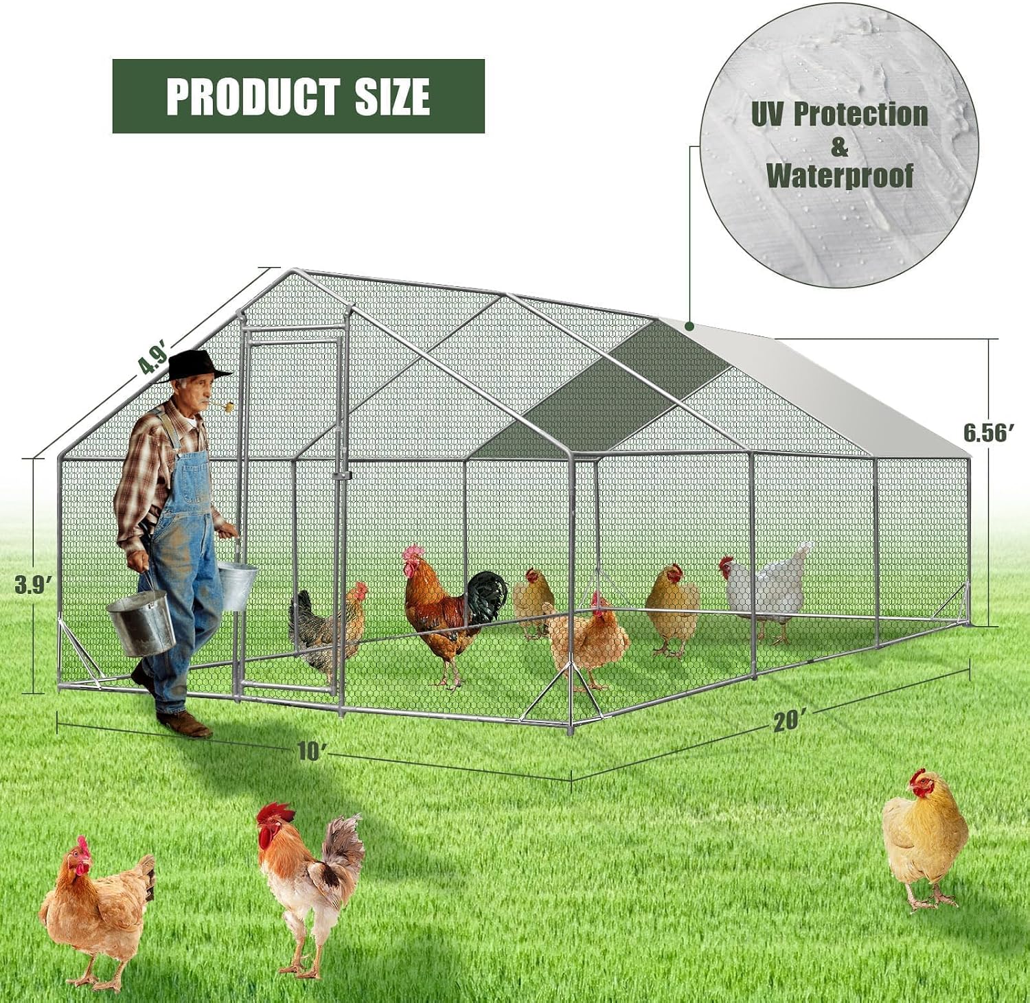 2026 Upgraded 10' x 20' x 6.6' Large Metal Chicken Coop with Run for 20 Chickens, Chicken Runs for Yard with Cover for Water-Resistant, Walk-in Poultry Cage Chicken Pen/House Outdoor for Duck, Rabbit