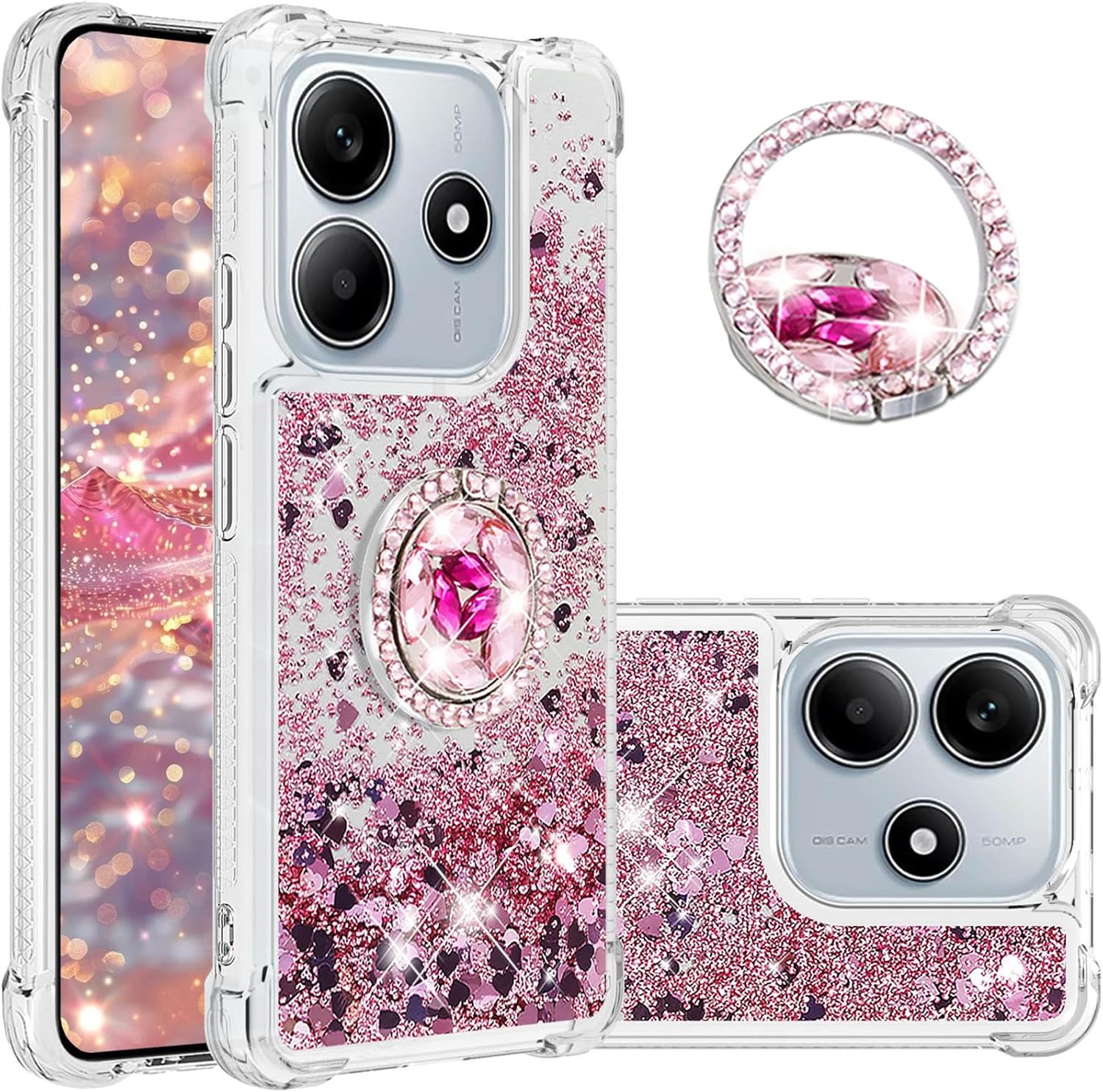 for Xiaomi Redmi Note 14 5G Case Glitter with Diamond Ring Holder, Clear Soft TPU Bumper Bling Girly Women Cute Liquid Quicksand Cover Case for Xiaomi Redmi Note 14 5G LSZ Rose Gold