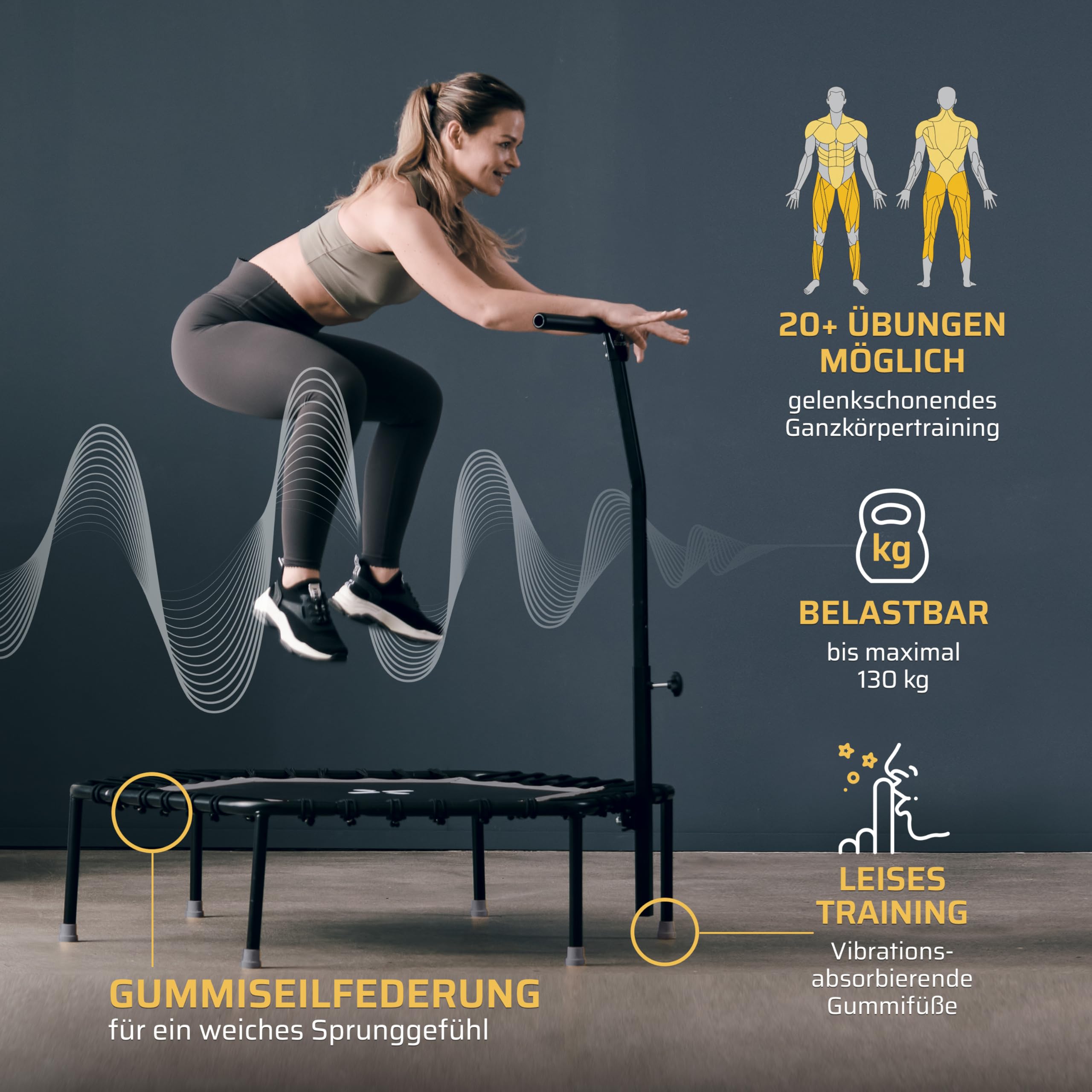 SportPlus Fitness-Trampolin, leise Gummiseilfederung, Nutzergewicht bis 130kg, Trampolin für Jumping Fitness