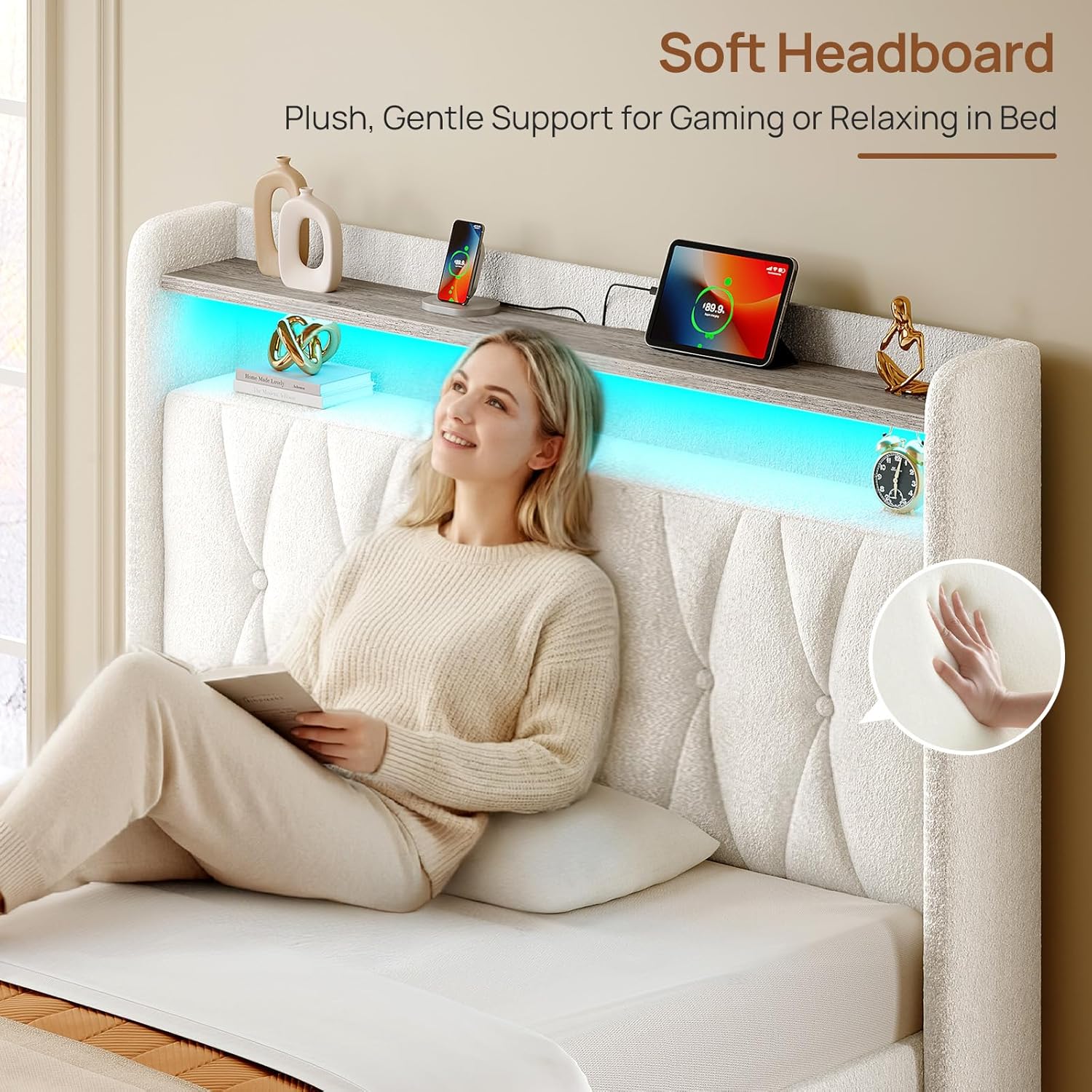 Rolanstar Twin Bed Frame with Drawer, Storage Headboard with Charging Station and LED Lights, Upholstered Bed with Heavy Duty Wood Slats, No Box Spring Needed, Noise Free, Easy Assembly, Beige - Image 4